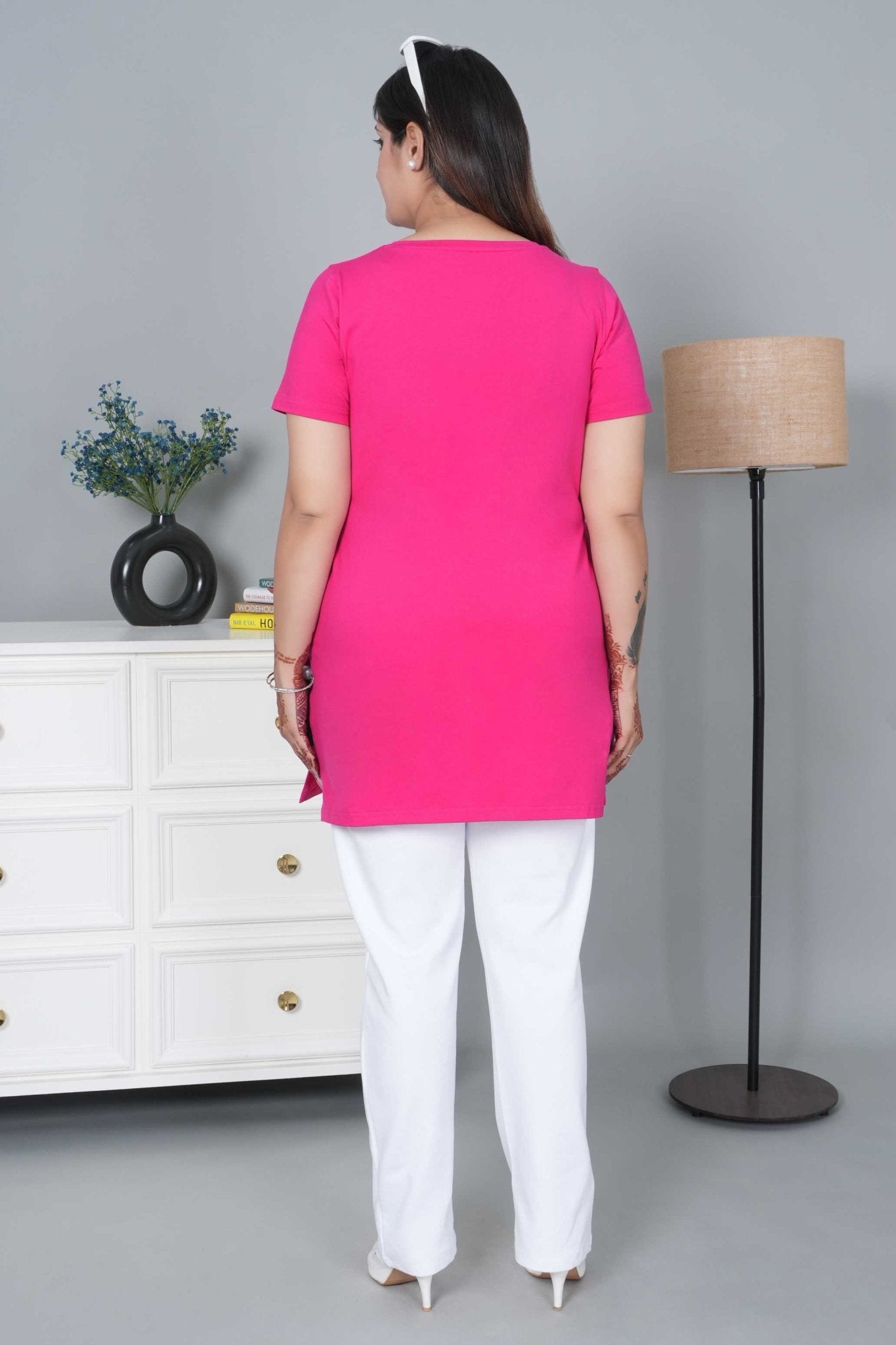 Pink long v neck cotton lycra t-shirt with pockets - Long cotton t-shirt