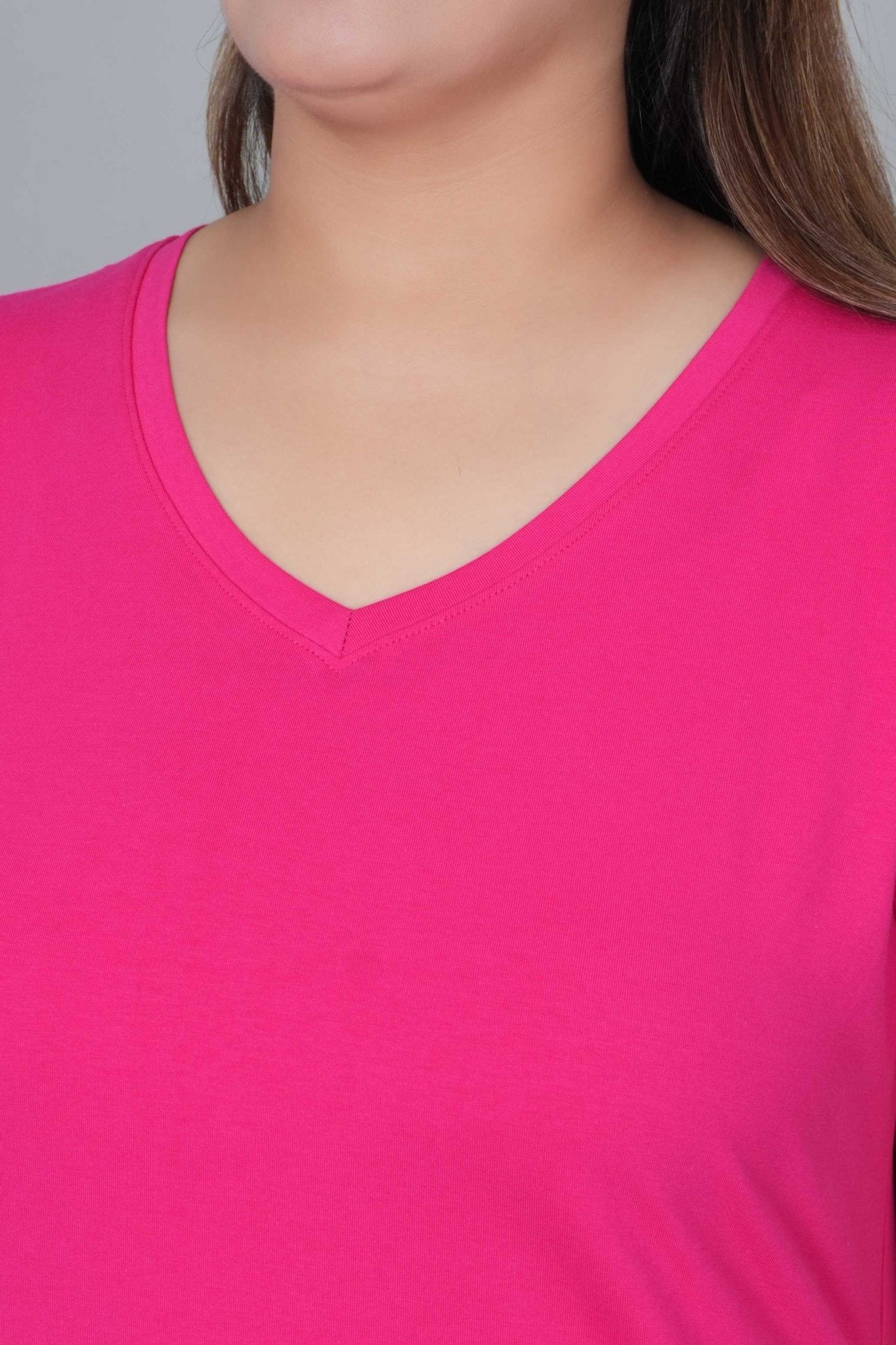 Pink long v neck cotton lycra t-shirt with pockets - Long cotton t-shirt
