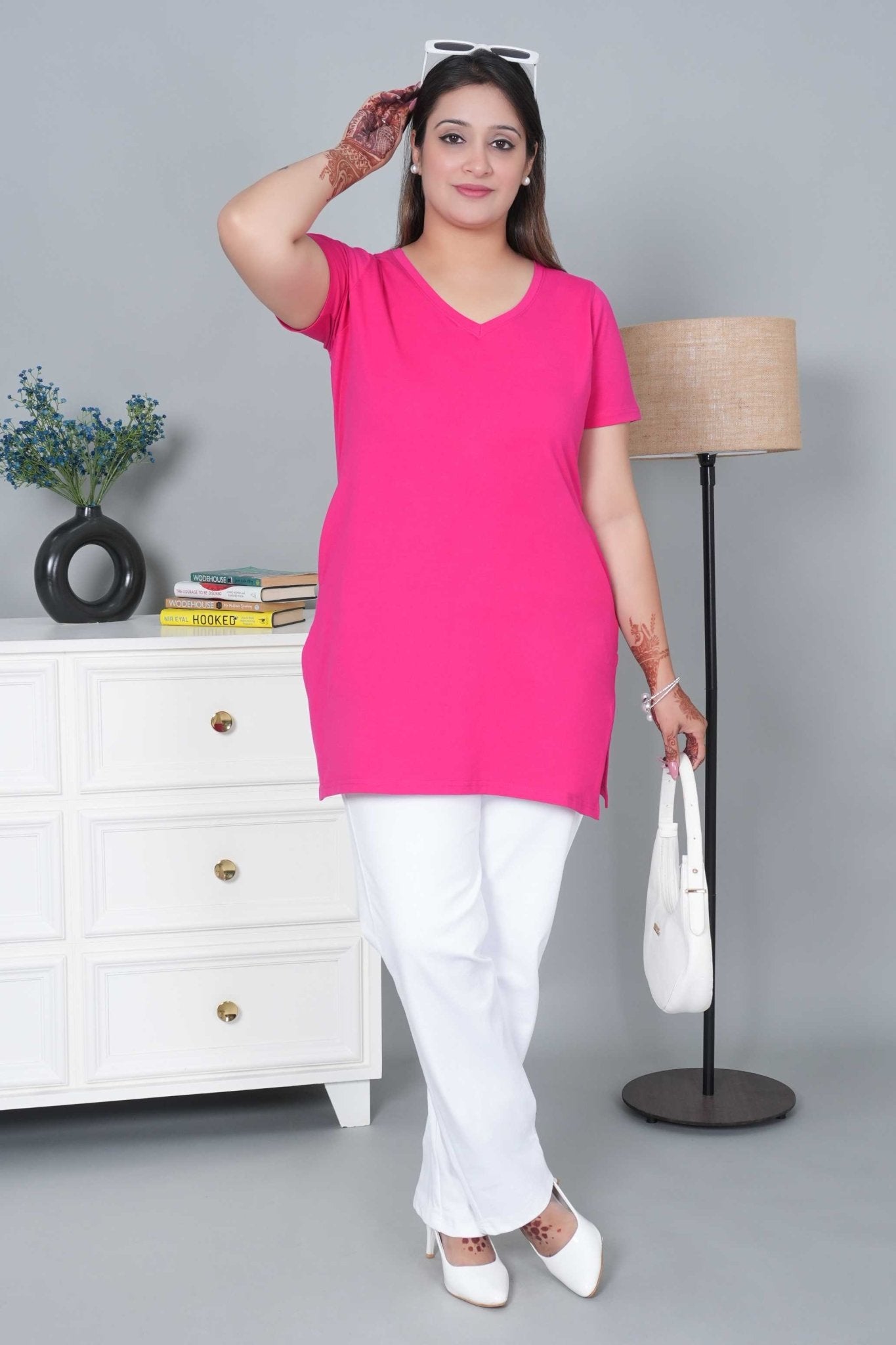 Pink long v neck cotton lycra t-shirt with pockets - Long cotton t-shirt