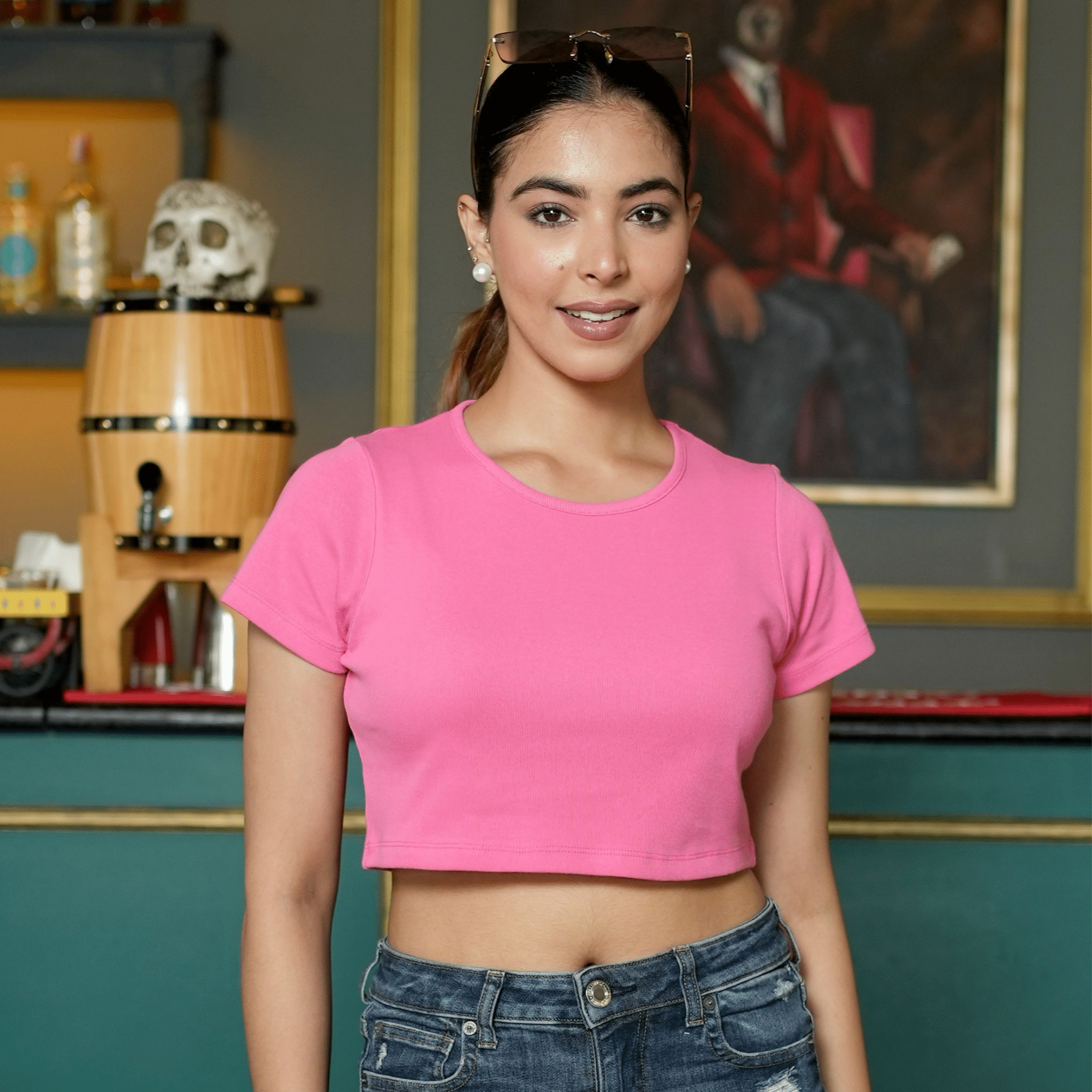 Pink rib crop t shirt for women