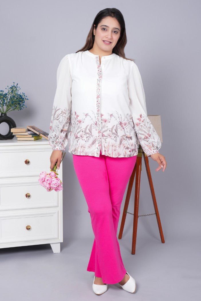 Pink stretchable biowash cotton flare pants with superior elastic belt. - Cotton flare