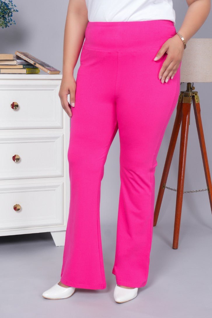 Pink stretchable biowash cotton flare pants with superior elastic belt. - Cotton flare
