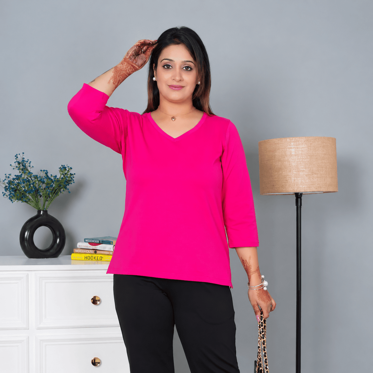 Pink V-neck cotton 3/4 sleeve t-shirt -Full sleeve v neck cotton t shirt