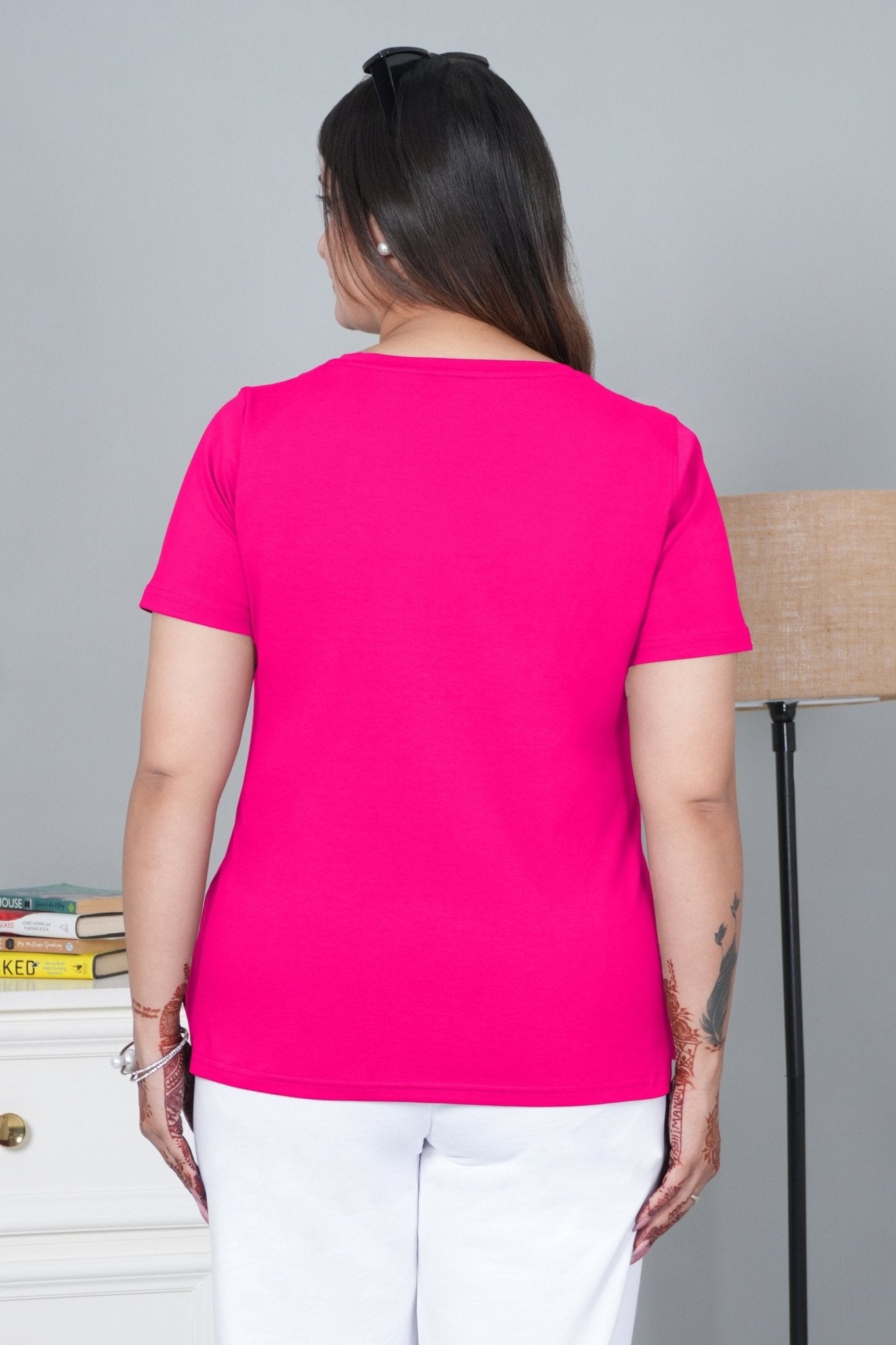 Pink V - neck half - sleeve cotton lycra t-shirt - Cotton half sleeve v neck t-shirt