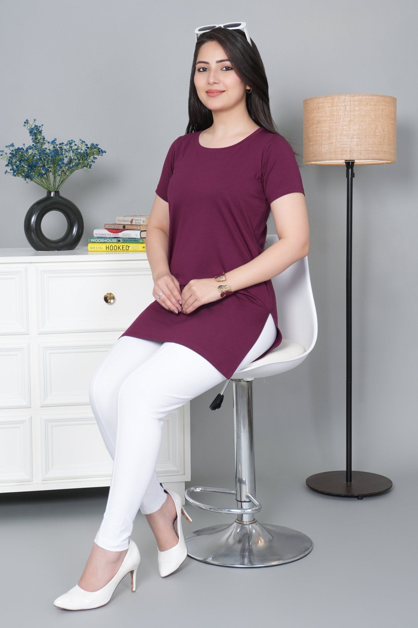 Plum long round neck cotton lycra t-shirt with pockets - Long cotton t-shirt