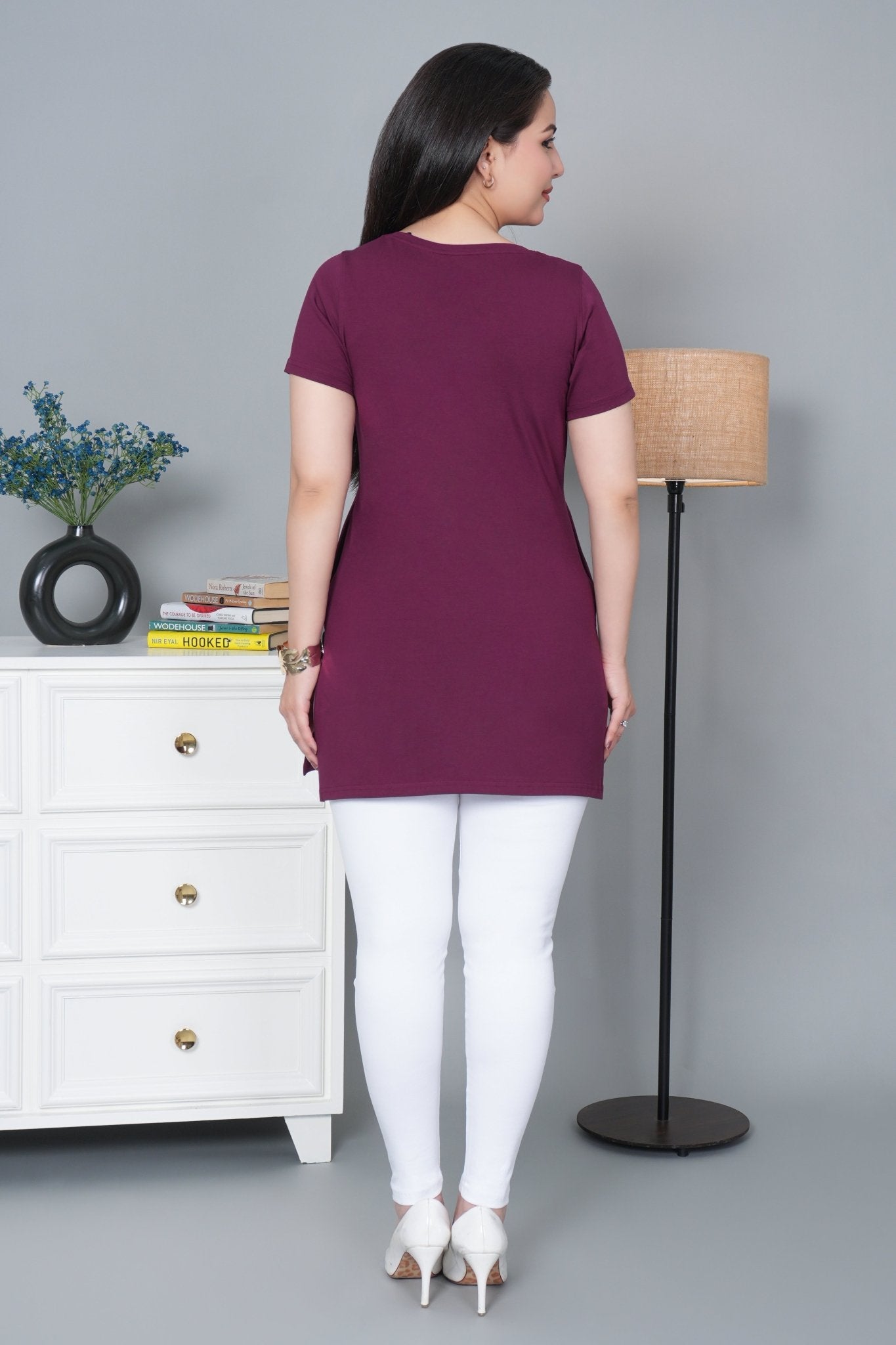 Plum long round neck cotton lycra t-shirt with pockets - Long cotton t-shirt