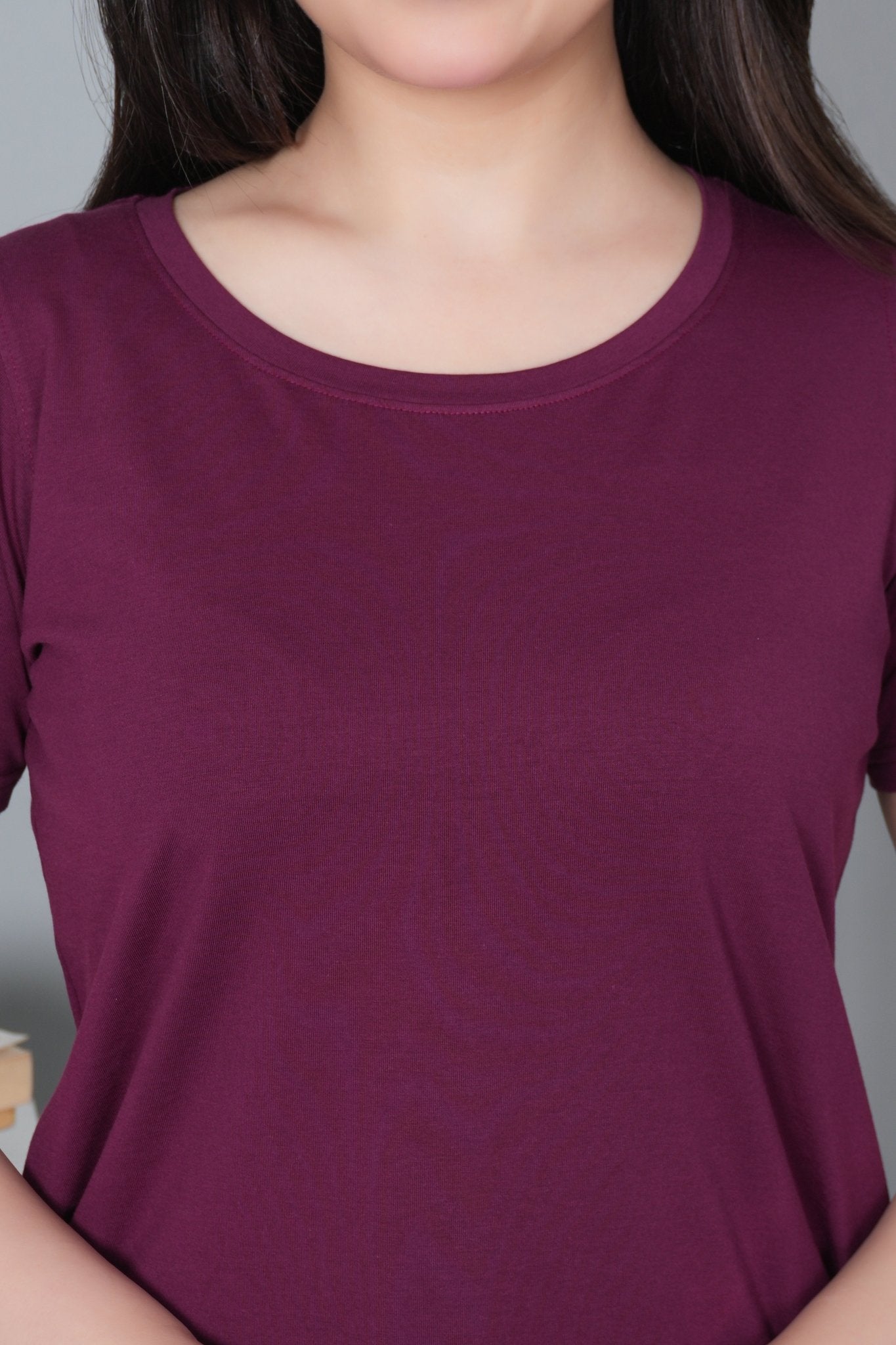 Plum long round neck cotton lycra t-shirt with pockets - Long cotton t-shirt