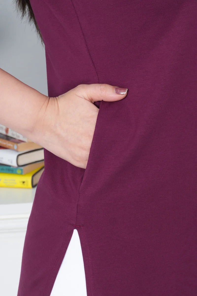 Plum long round neck cotton lycra t-shirt with pockets -Long cotton t-shirt