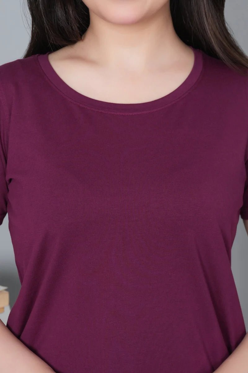 Plum long round neck cotton lycra t-shirt with pockets -Long cotton t-shirt