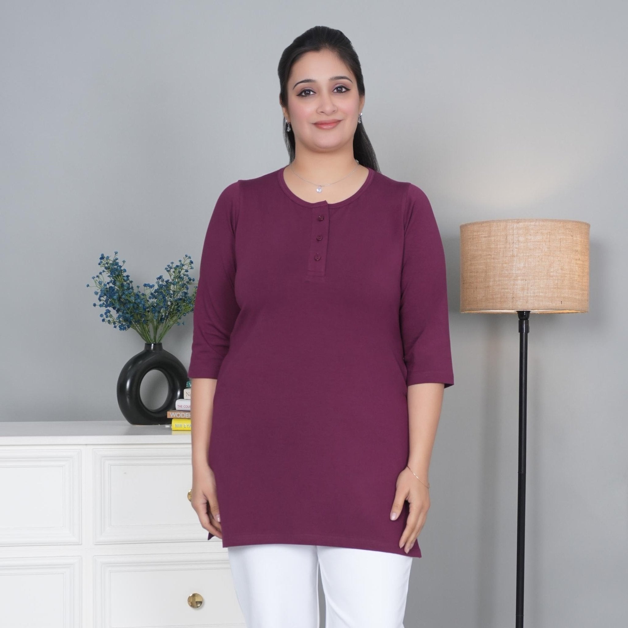 Plum long round neck henley cotton lycra t-shirt with pockets - Long cotton t-shirt