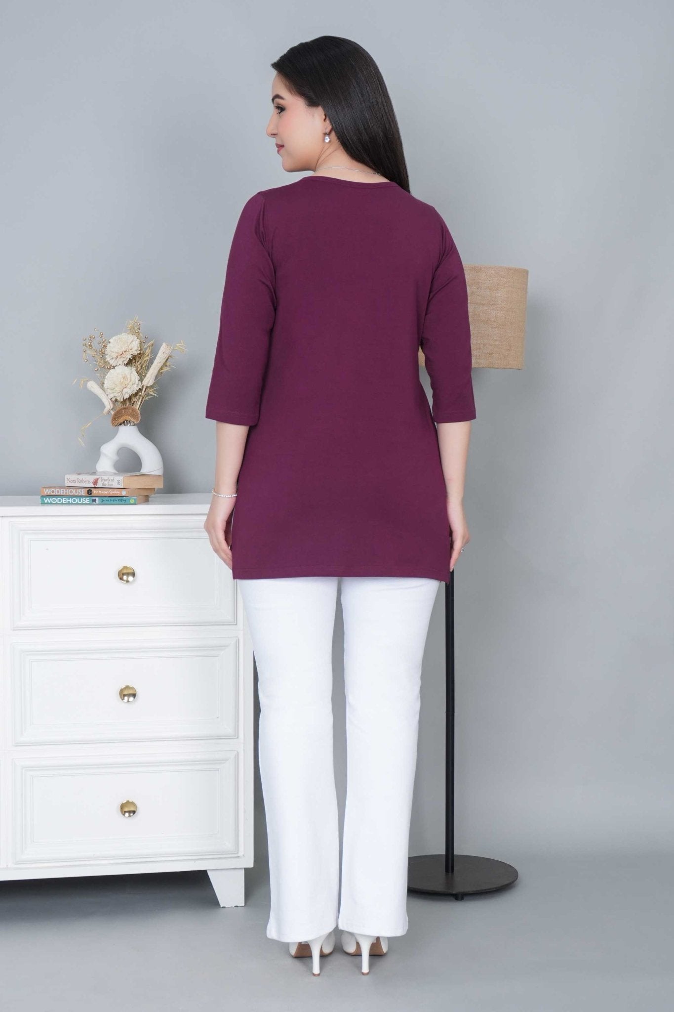 Plum long round neck henley cotton lycra t-shirt with pockets - Long cotton t-shirt