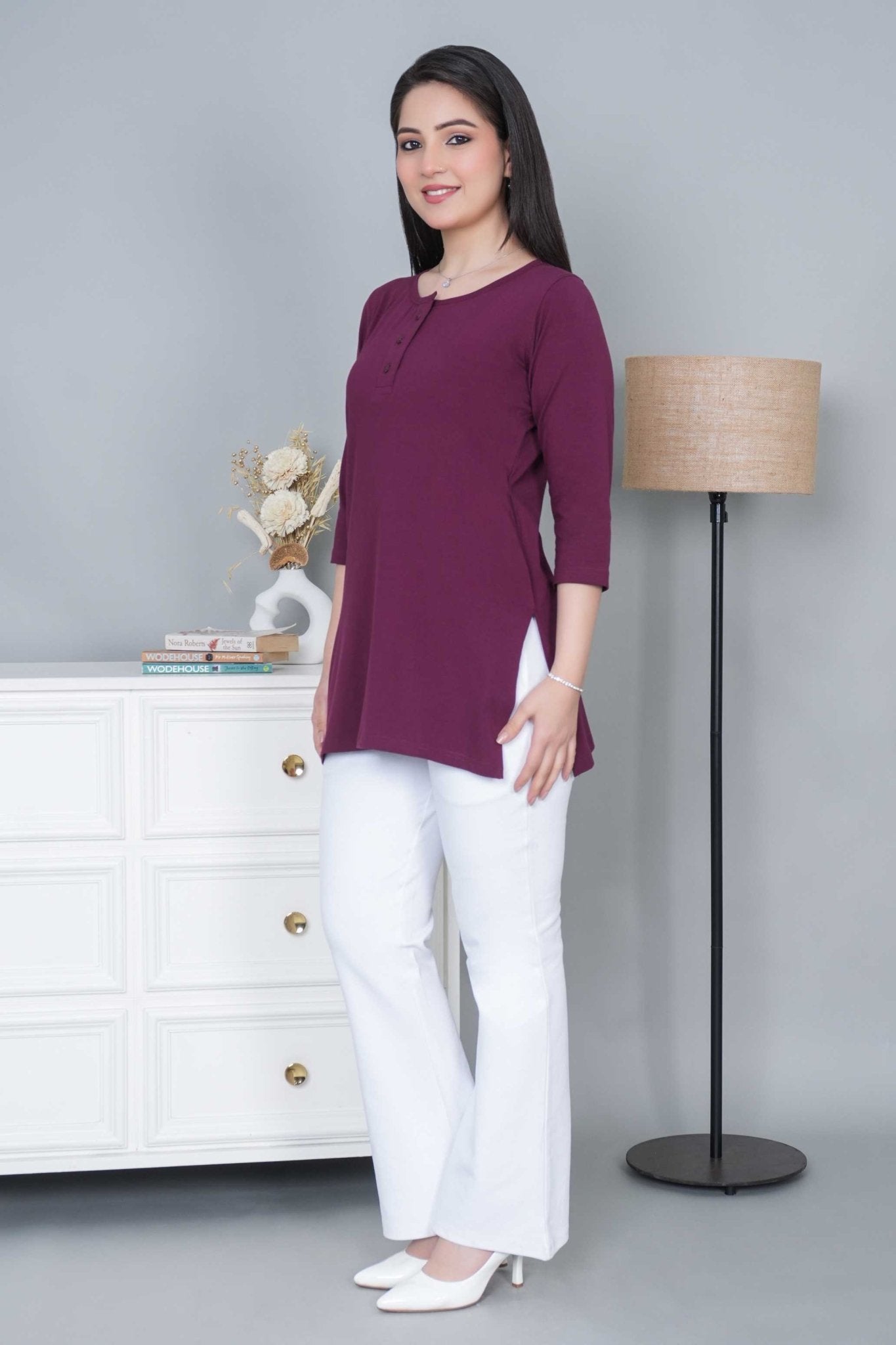 Plum long round neck henley cotton lycra t-shirt with pockets - Long cotton t-shirt