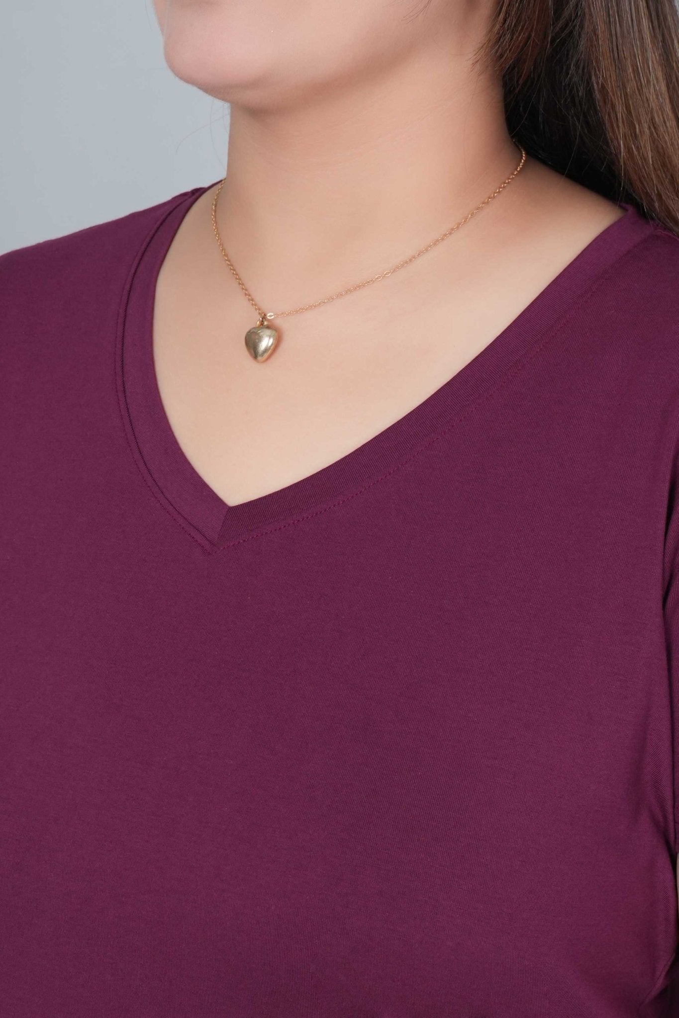 Plum long v neck cotton lycra t-shirt with pockets - Long cotton t-shirt