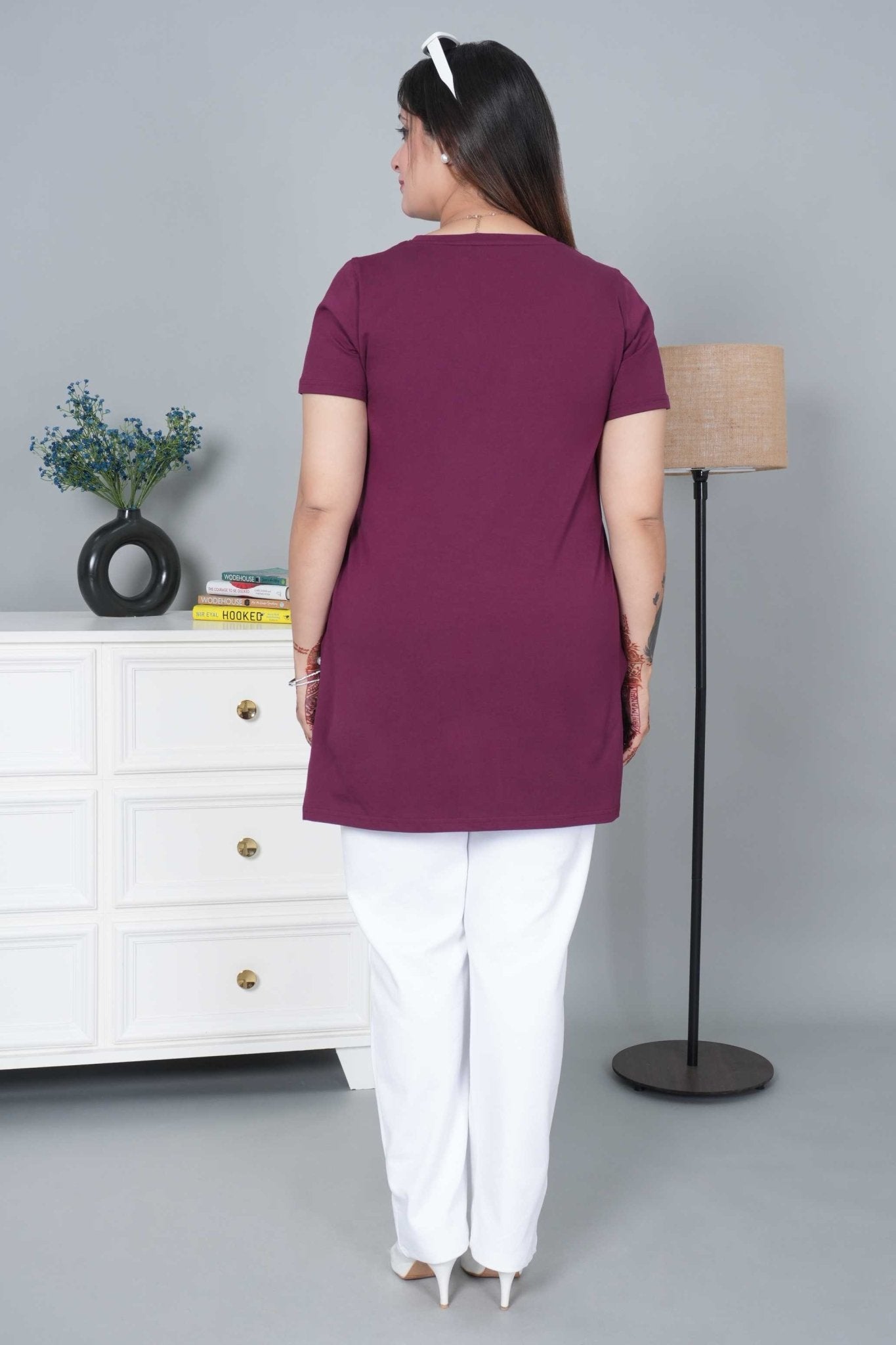 Plum long v neck cotton lycra t-shirt with pockets - Long cotton t-shirt