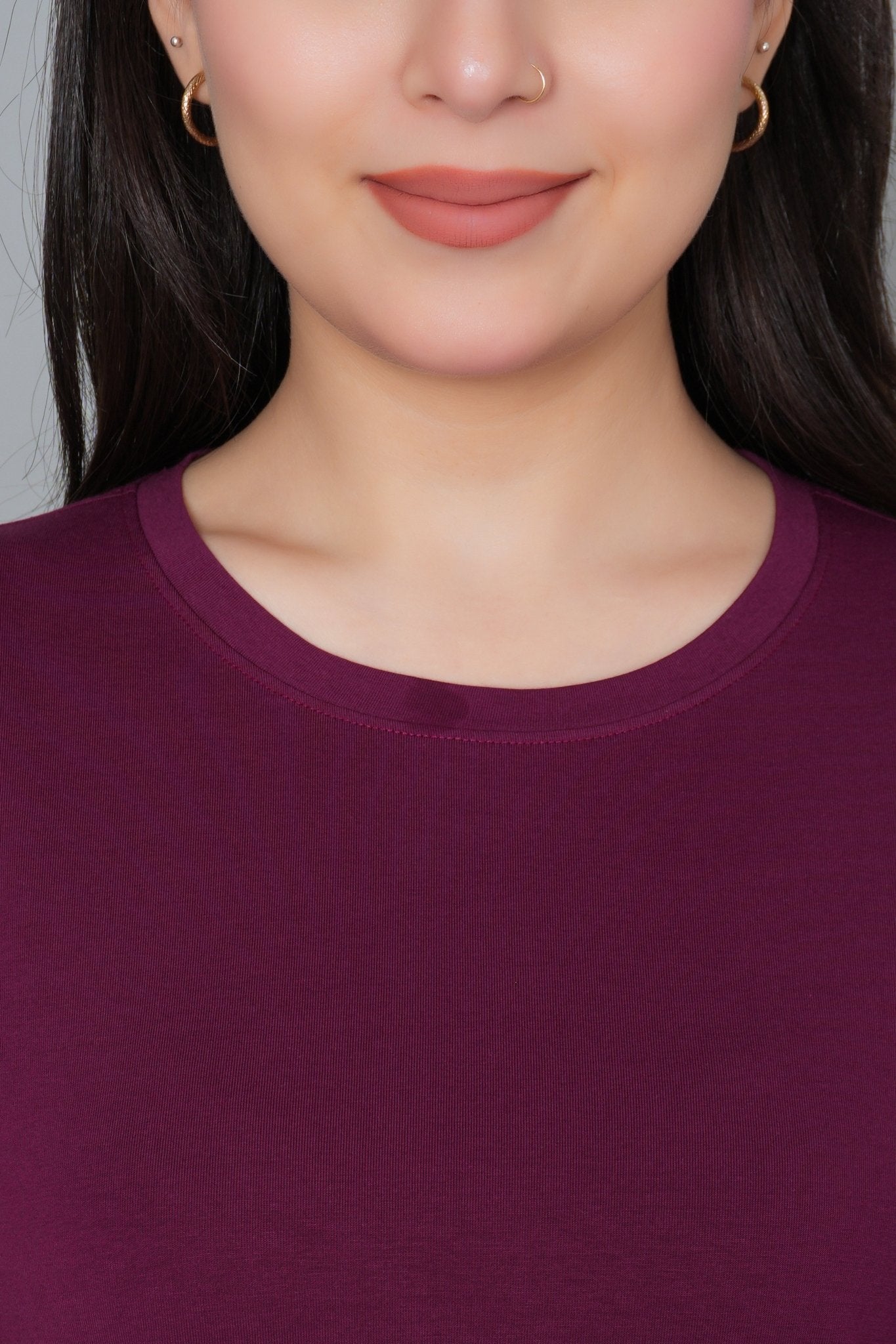 Plum Round Neck Cotton Lycra 3/4 Sleeve T Shirt - Cotton t shirt