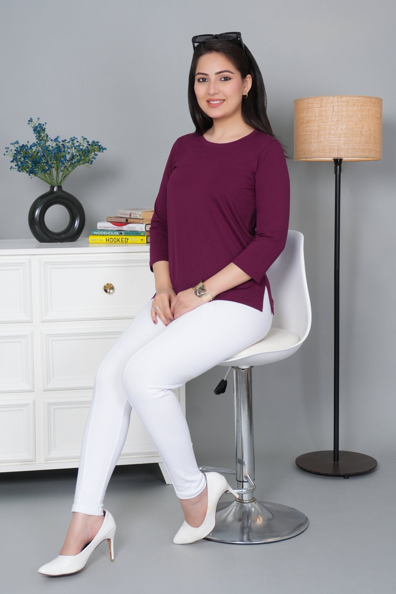 Plum Round Neck Cotton Lycra 3/4 Sleeve T Shirt - Cotton t shirt