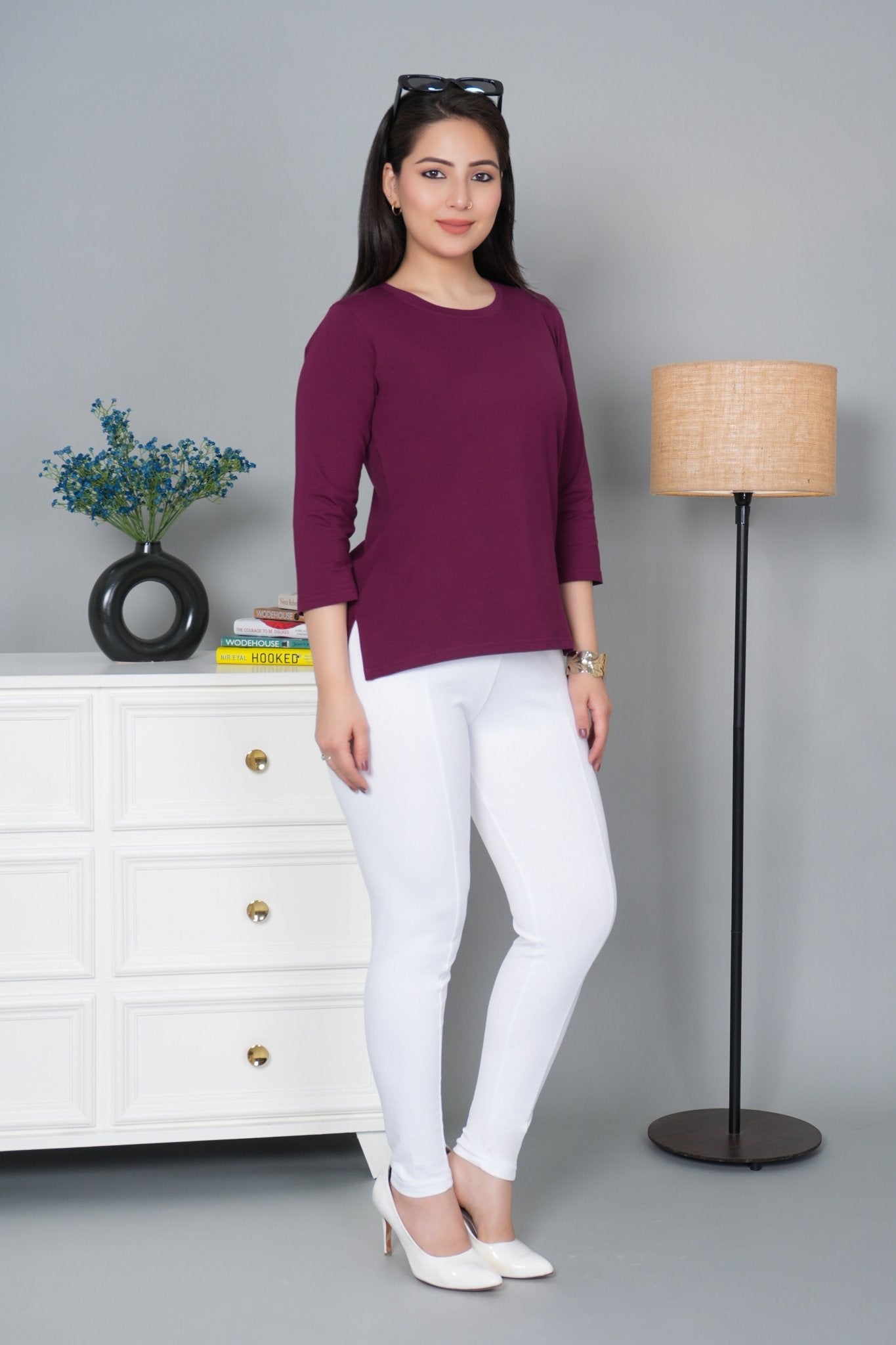 Plum Round Neck Cotton Lycra 3/4 Sleeve T Shirt - Cotton t shirt