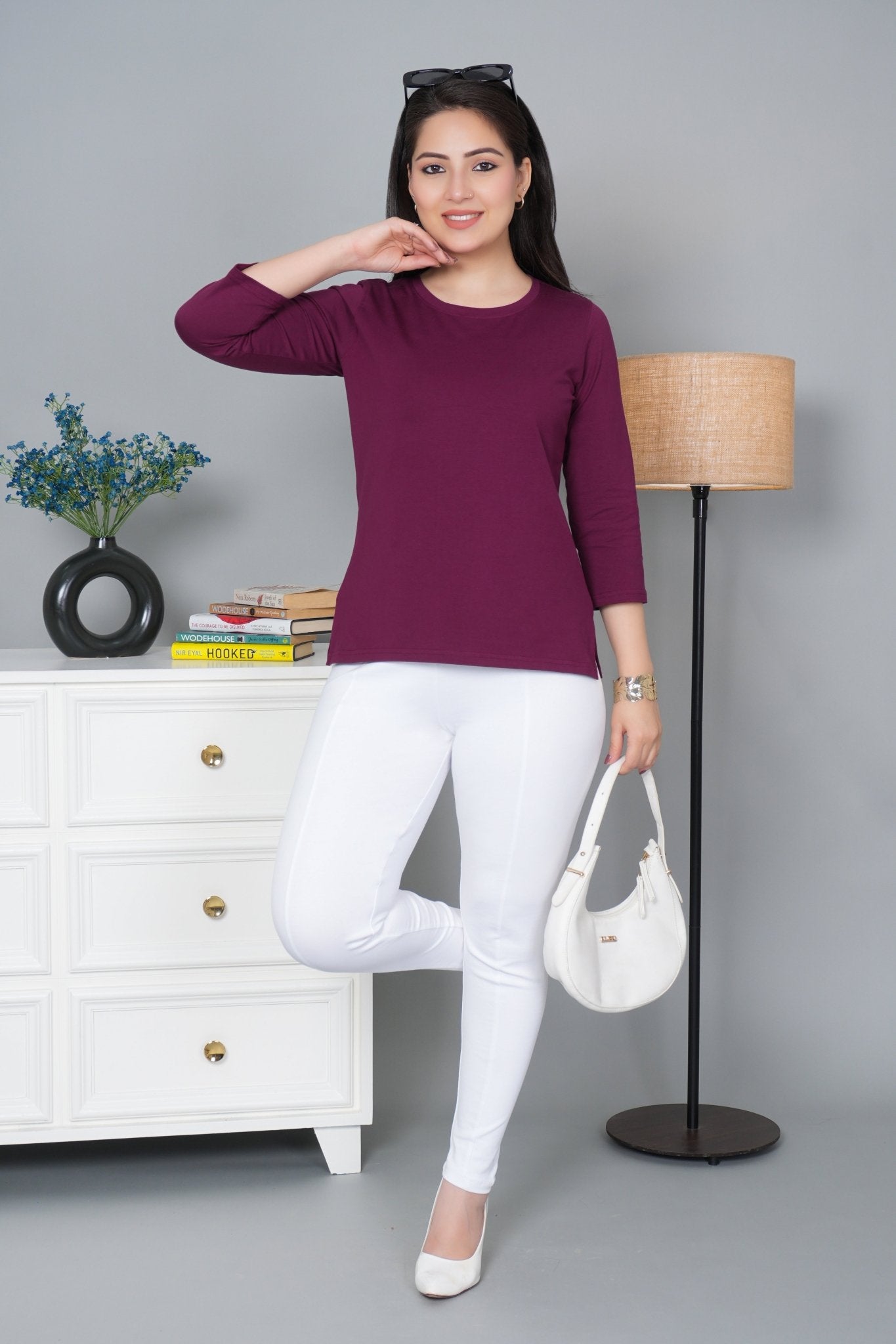 Plum Round Neck Cotton Lycra 3/4 Sleeve T Shirt - Cotton t shirt