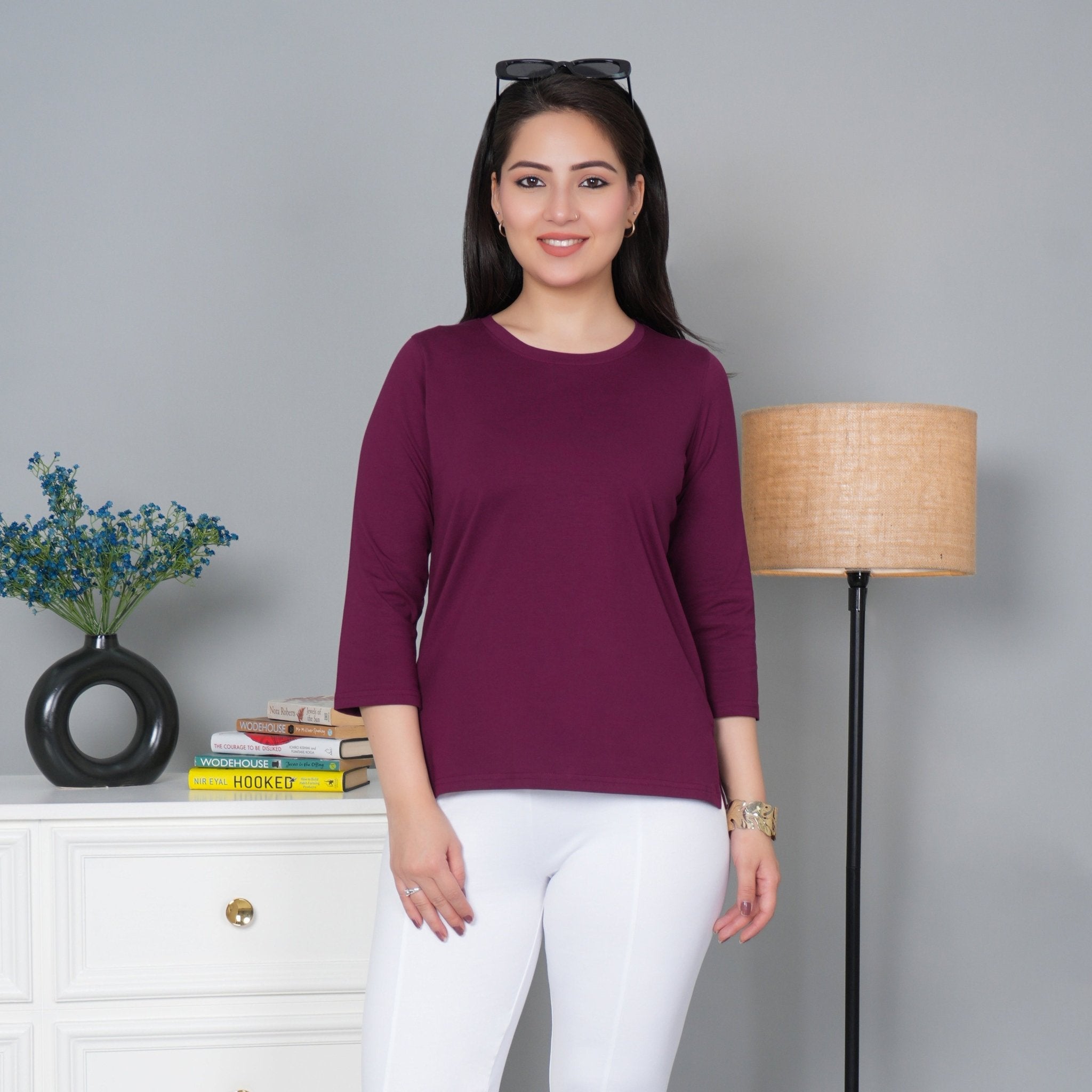 Plum Round Neck Cotton Lycra 3/4 Sleeve T Shirt - Cotton t shirt