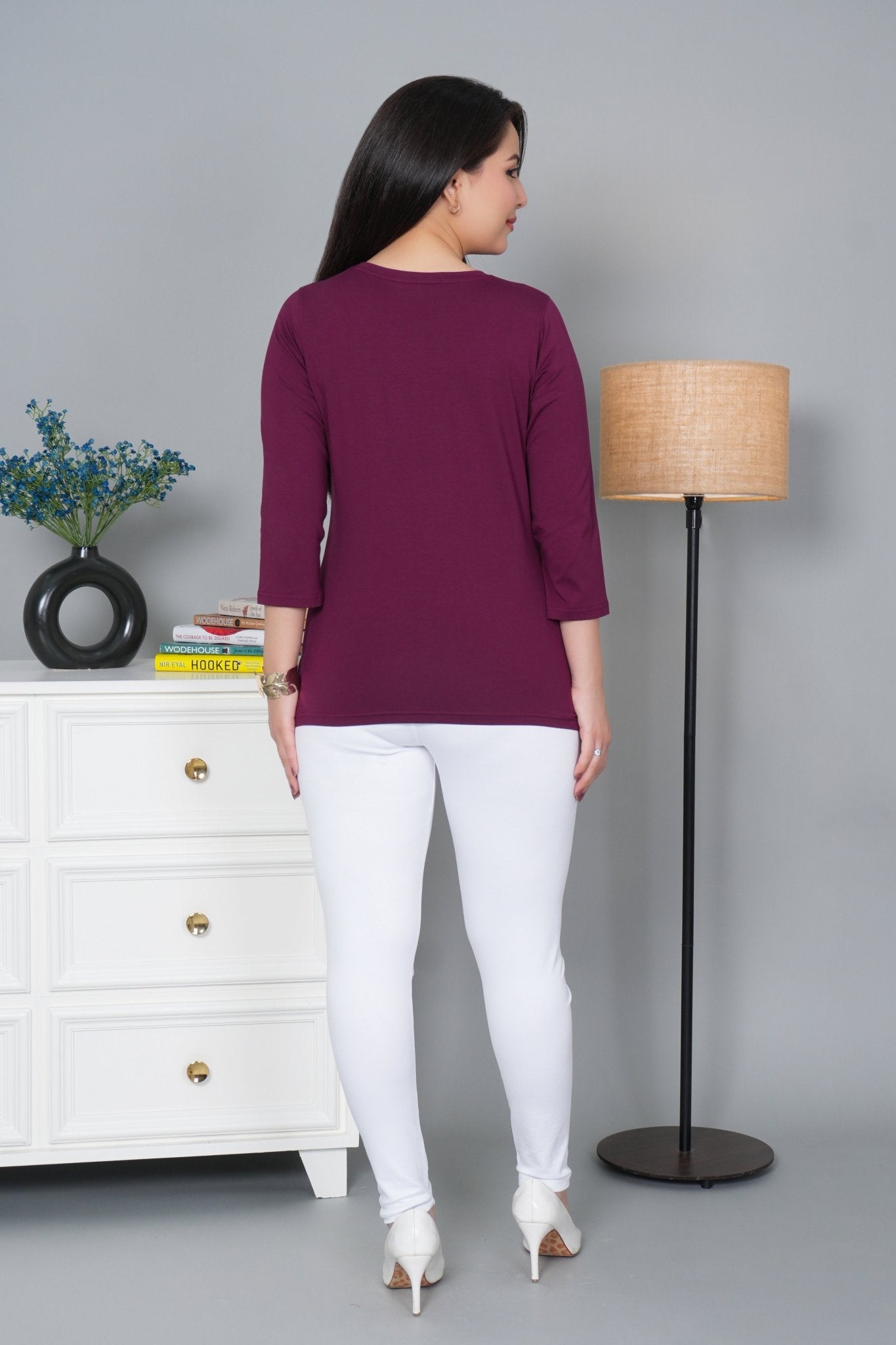 Plum Round Neck Cotton Lycra 3/4 Sleeve T Shirt - Cotton t shirt
