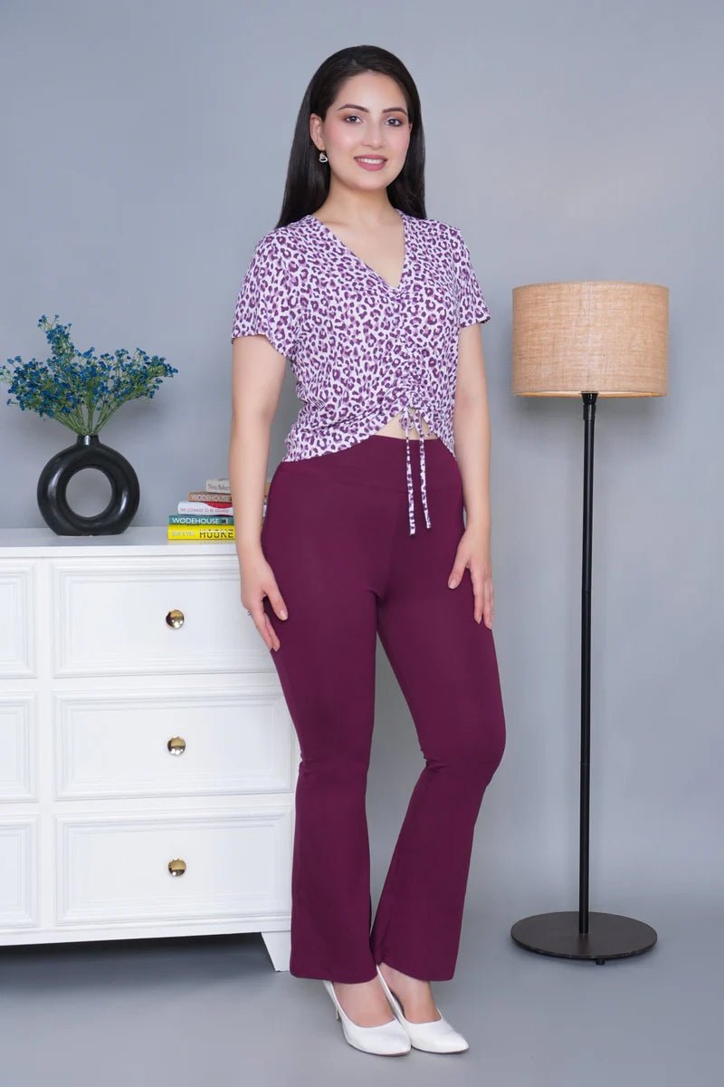 Plum stretchable biowash cotton lycra flare legging with superior elastic belt. -Cotton flare