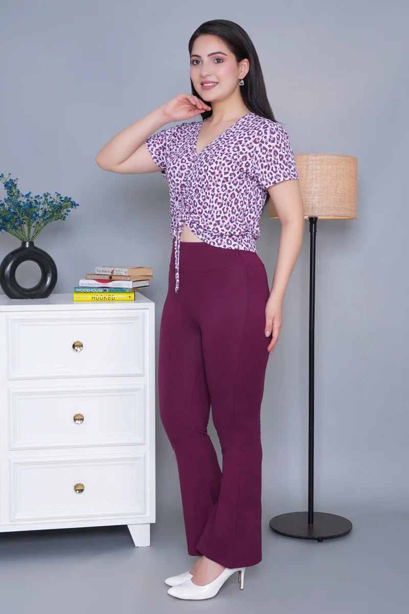 Plum stretchable biowash cotton lycra flare legging with superior elastic belt. -Cotton flare