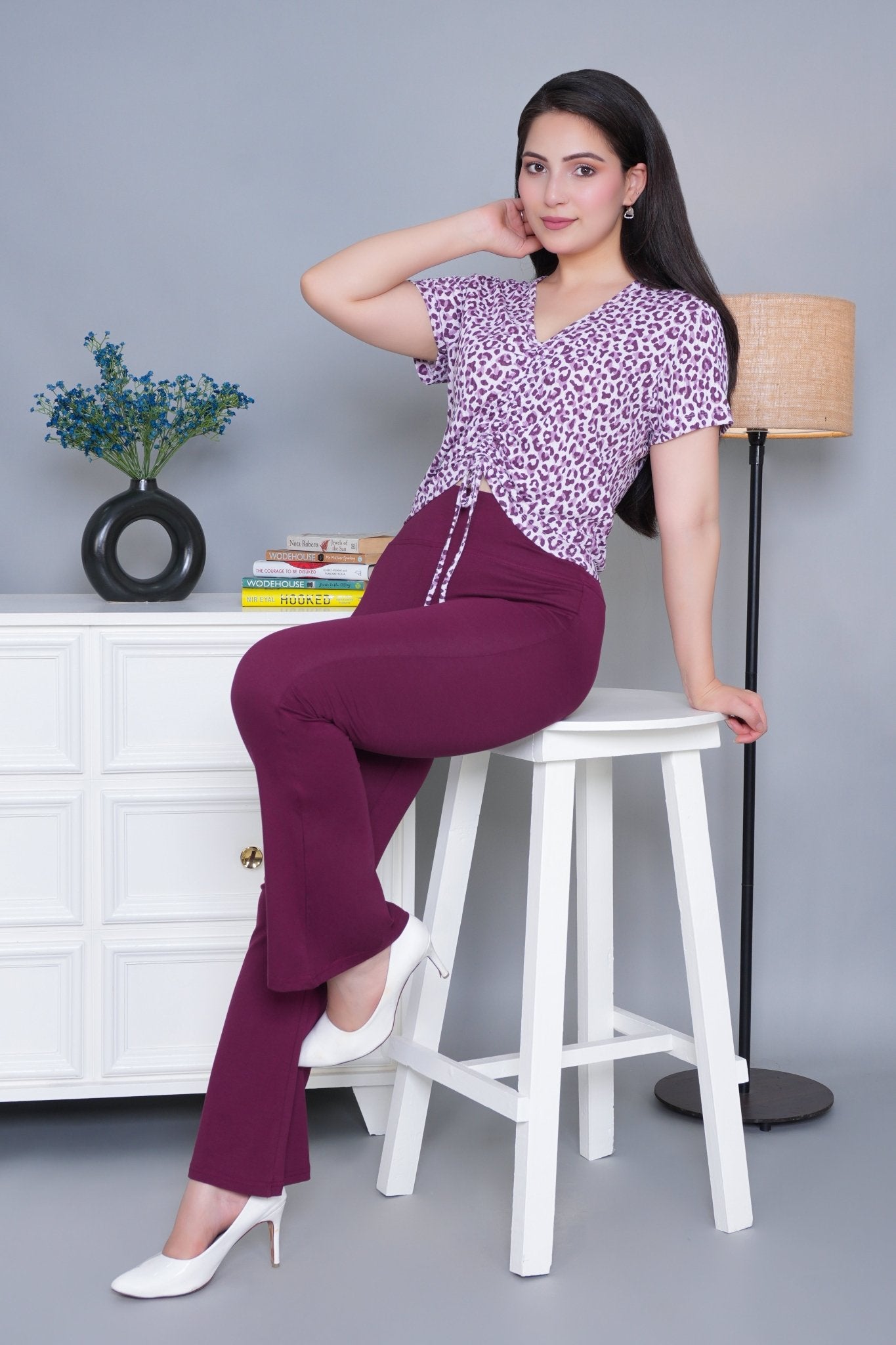 Plum stretchable biowash cotton lycra flare legging with superior elastic belt. - Cotton flare