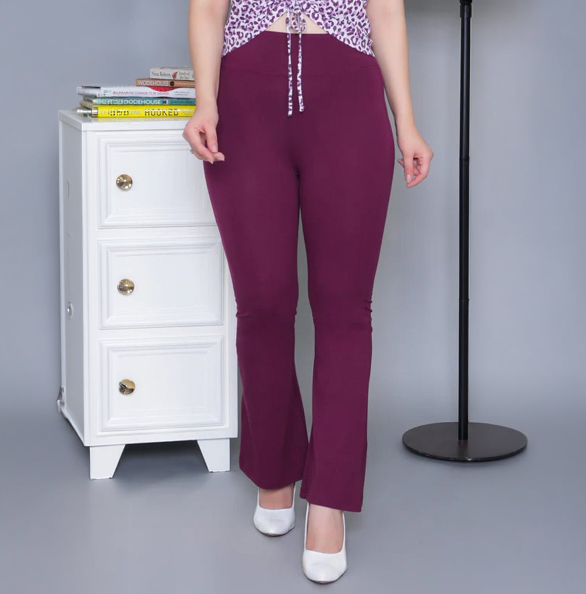 Plum stretchable biowash cotton lycra flare legging with superior elastic belt. -Cotton flare