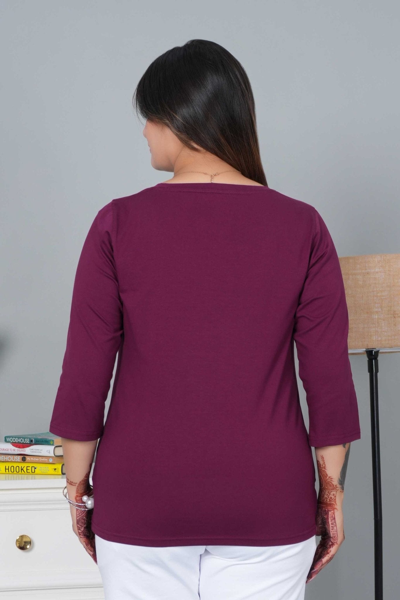 Plum V - neck cotton 3/4 sleeve t-shirt - Full sleeve v neck cotton t shirt