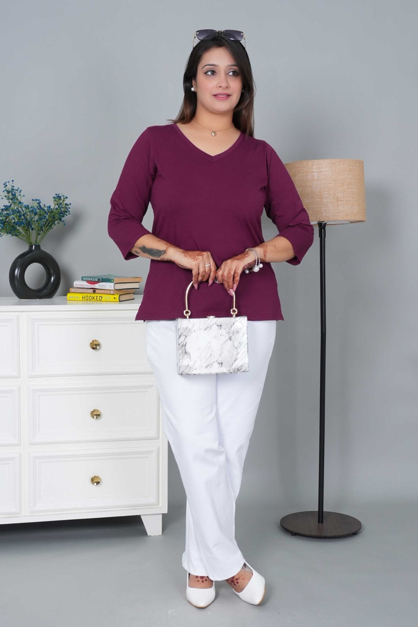 Plum V - neck cotton 3/4 sleeve t-shirt - Full sleeve v neck cotton t shirt