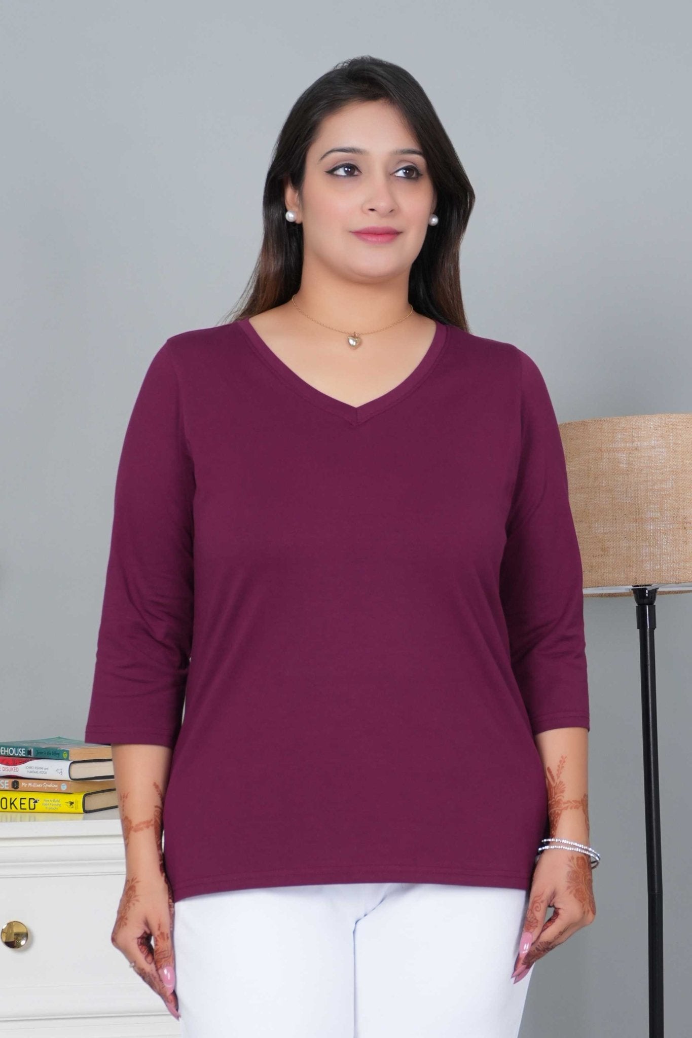 Plum V - neck cotton 3/4 sleeve t-shirt - Full sleeve v neck cotton t shirt