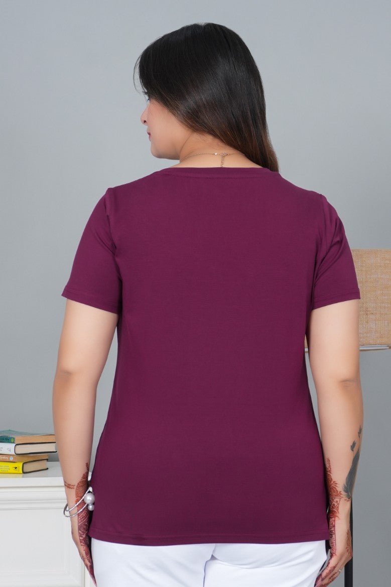 Plum V - neck half - sleeve cotton lycra t-shirt - Cotton half sleeve v neck t-shirt