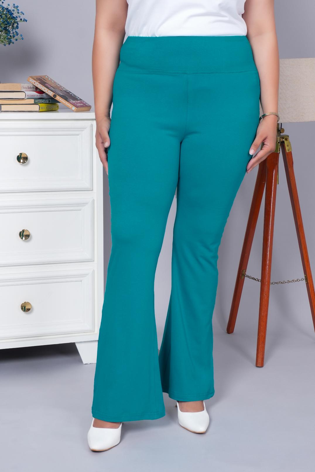 Ramar green stretchable biowash cotton lycra flare legging pants with superior elastic belt. - Cotton flare