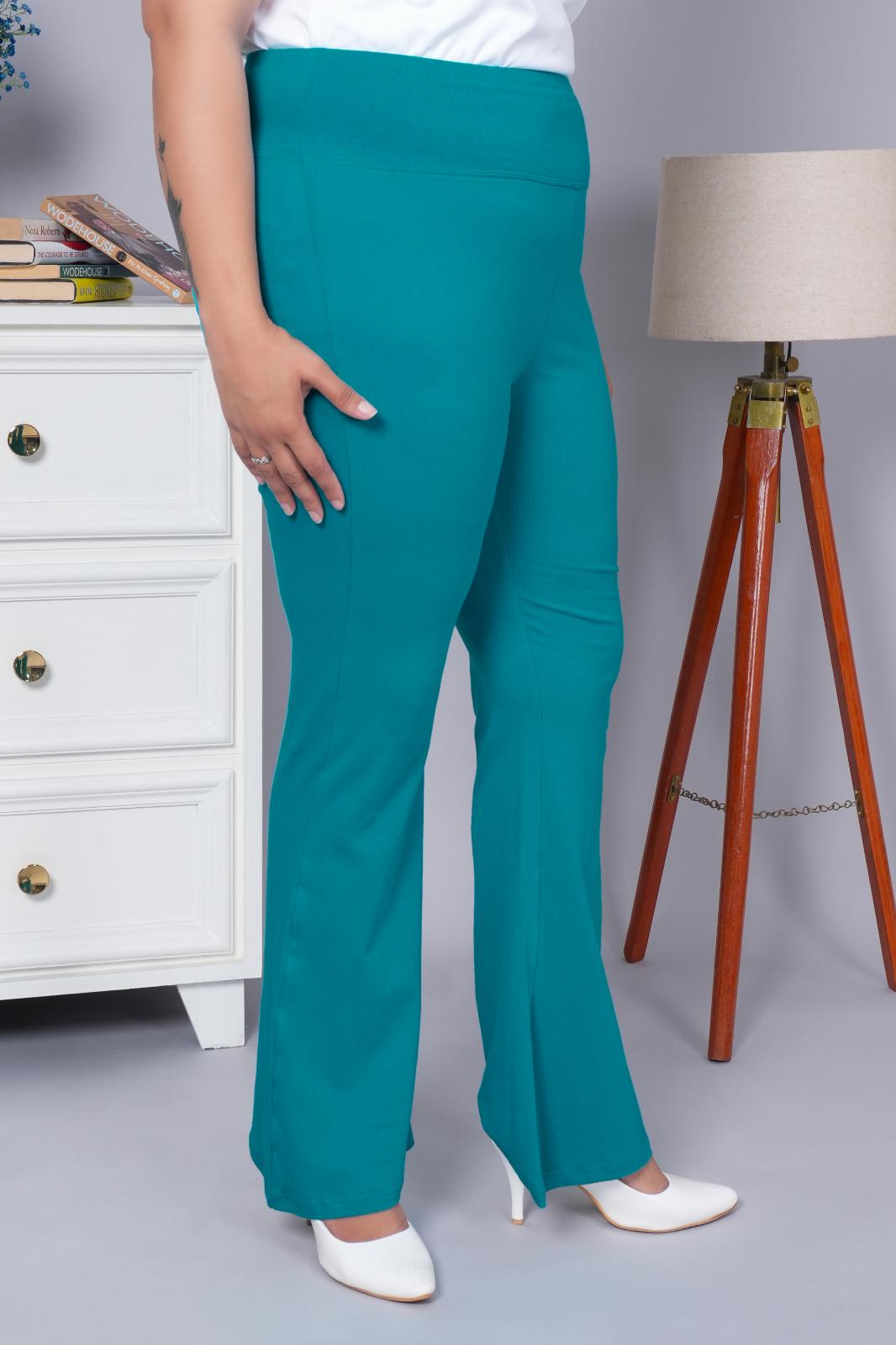 Ramar green stretchable biowash cotton lycra flare legging pants with superior elastic belt. - Cotton flare