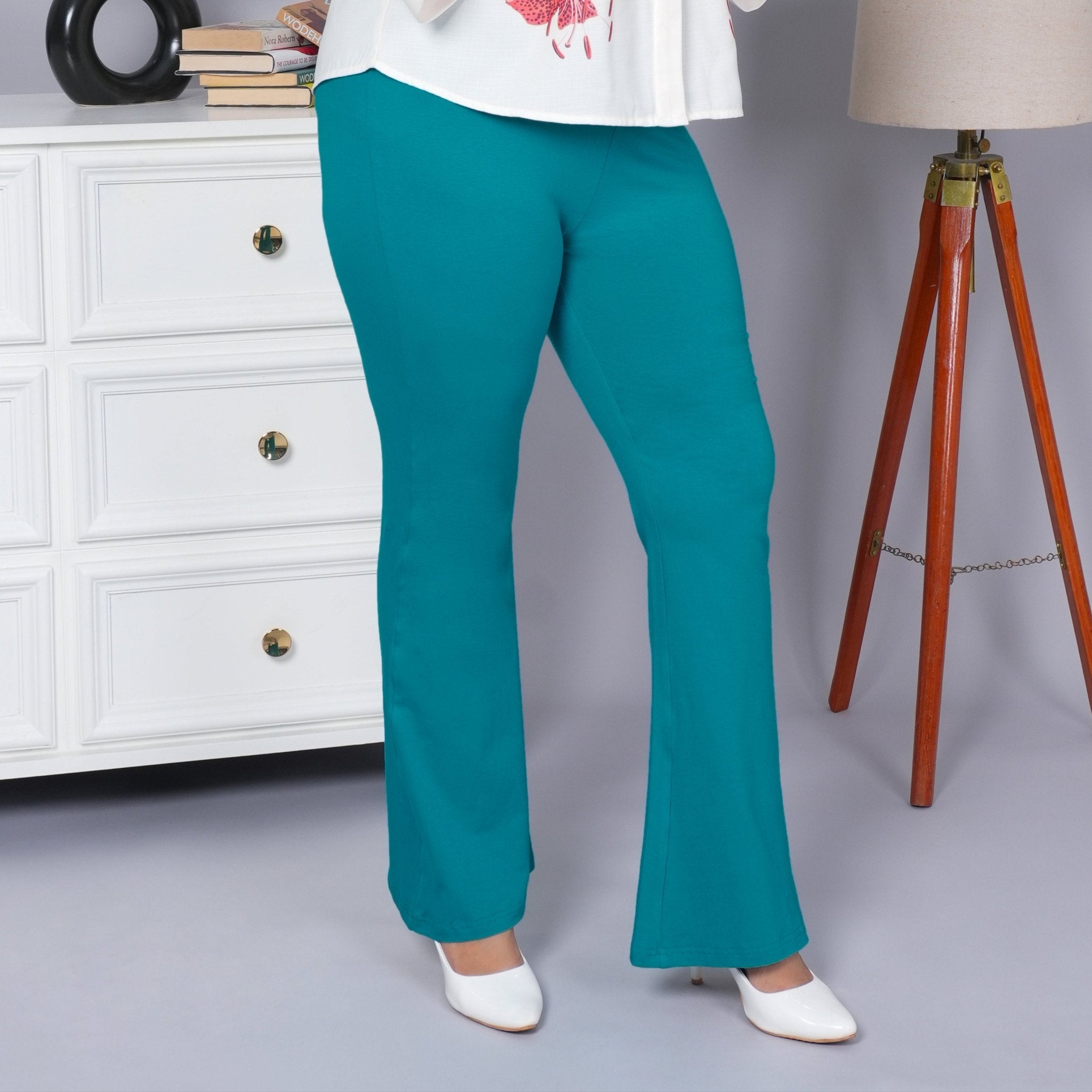 Ramar green stretchable biowash cotton lycra flare legging pants with superior elastic belt. - Cotton flare