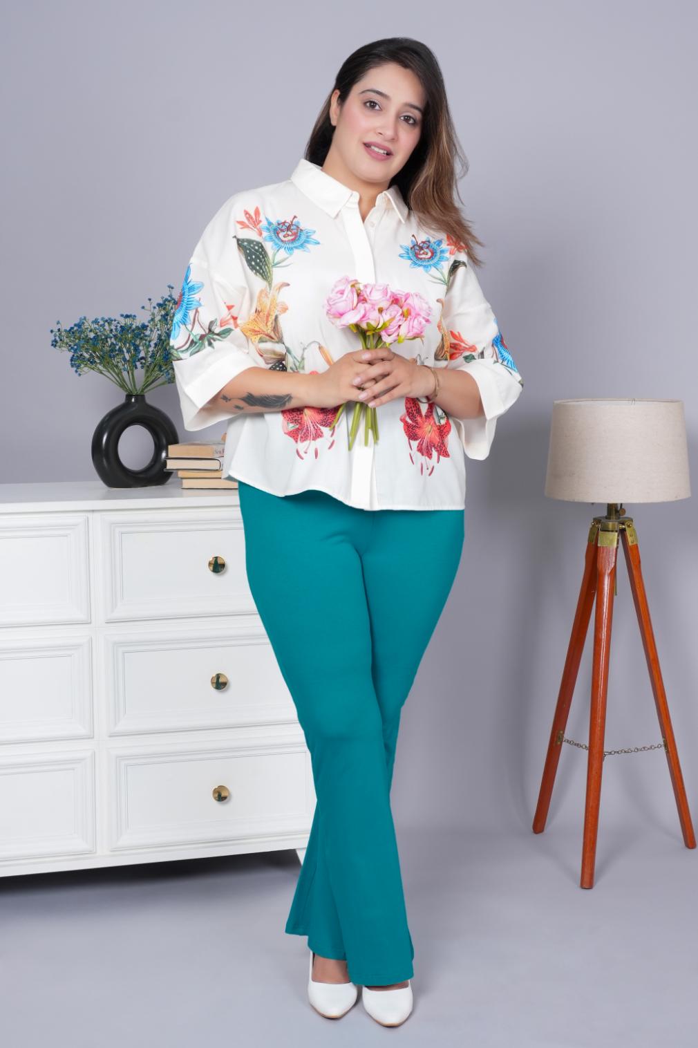 Ramar green stretchable biowash cotton lycra flare legging pants with superior elastic belt. - Cotton flare