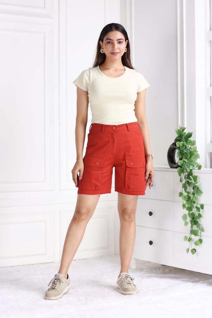 Red stretchable biowash USA HQ cotton travel shorts with superior elastic belt. - Travel shorts
