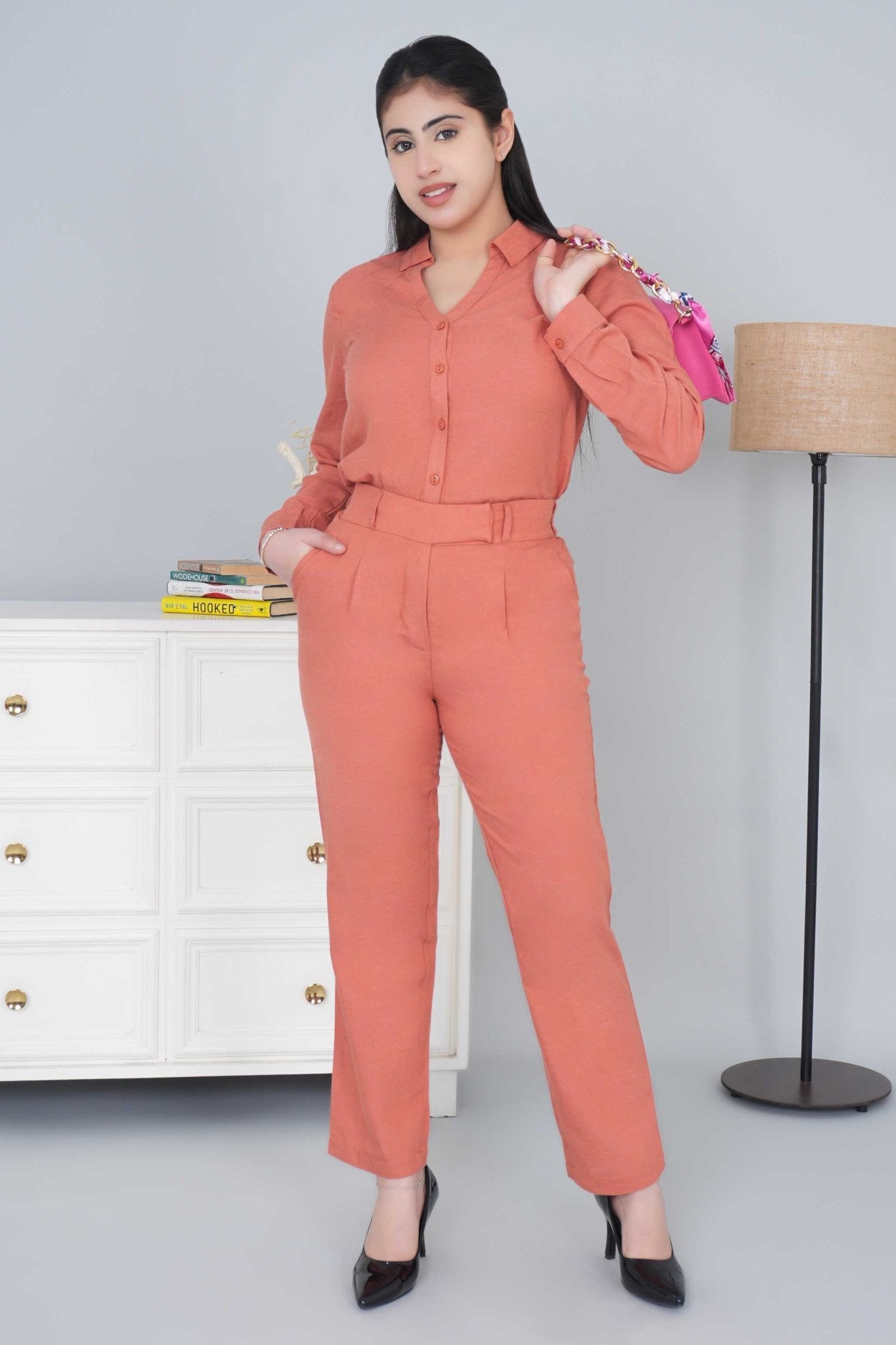 Rust cotton linen straight fit pant - Linen straight pants