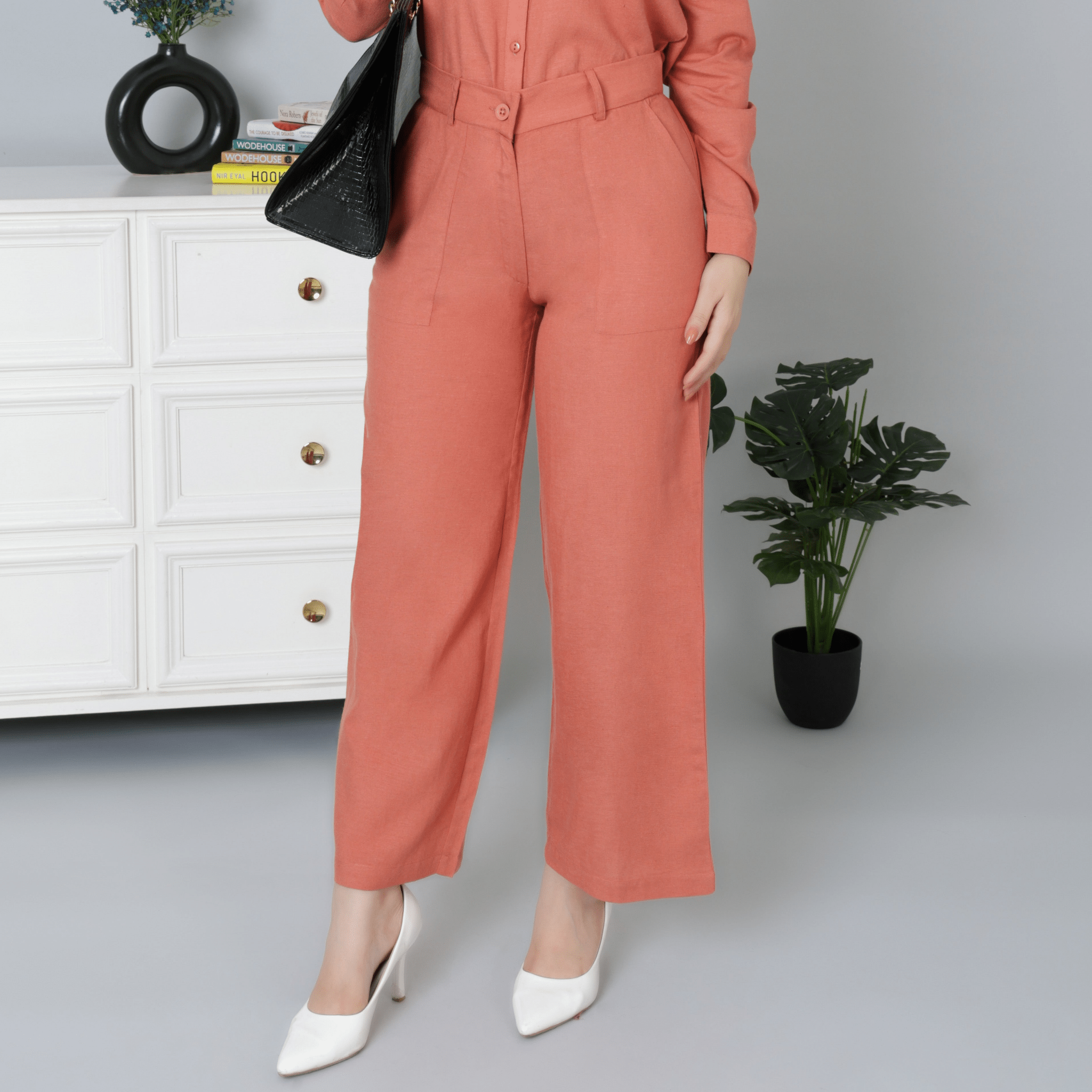 Rust linen high waist pant -