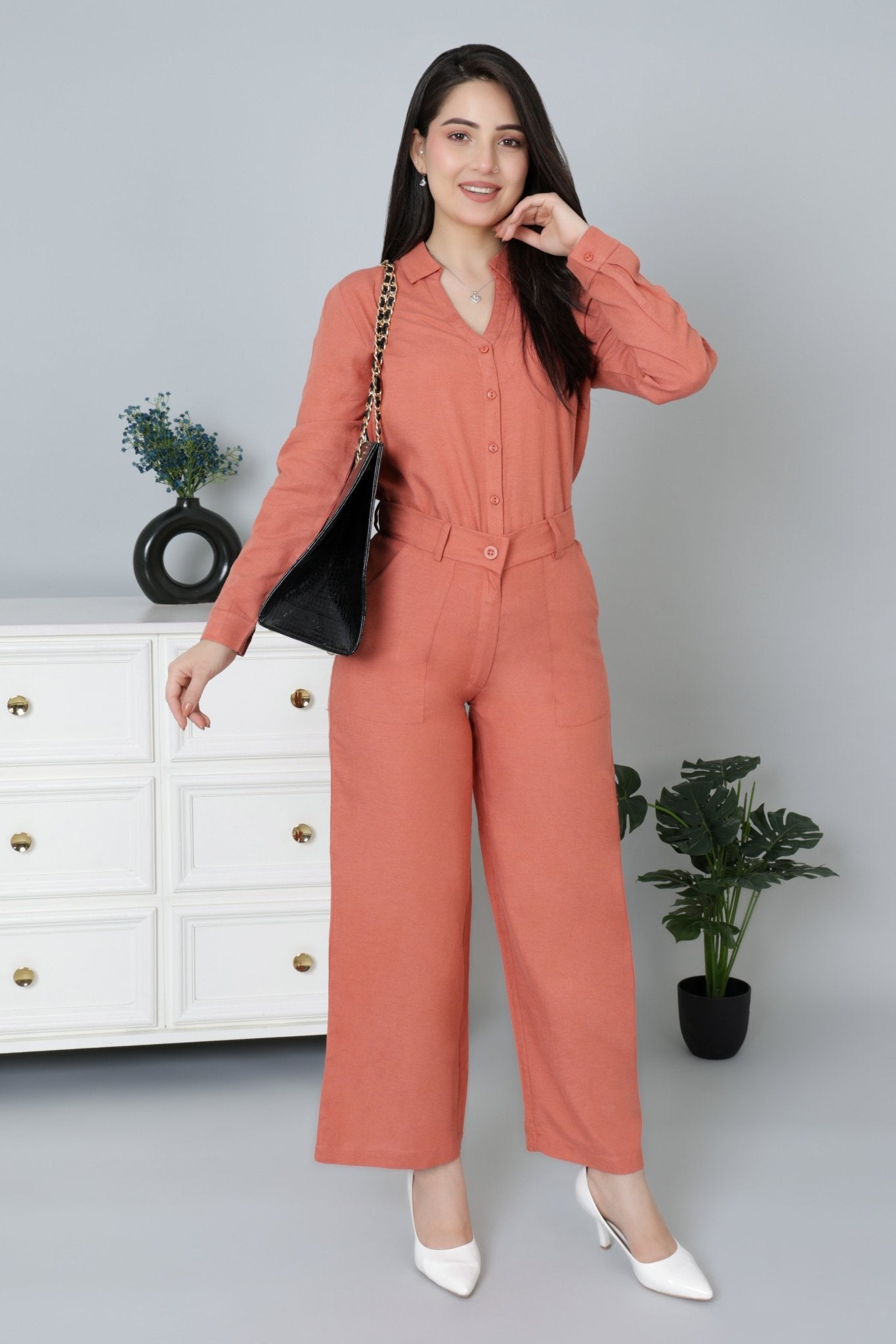 Rust linen high waist pant -