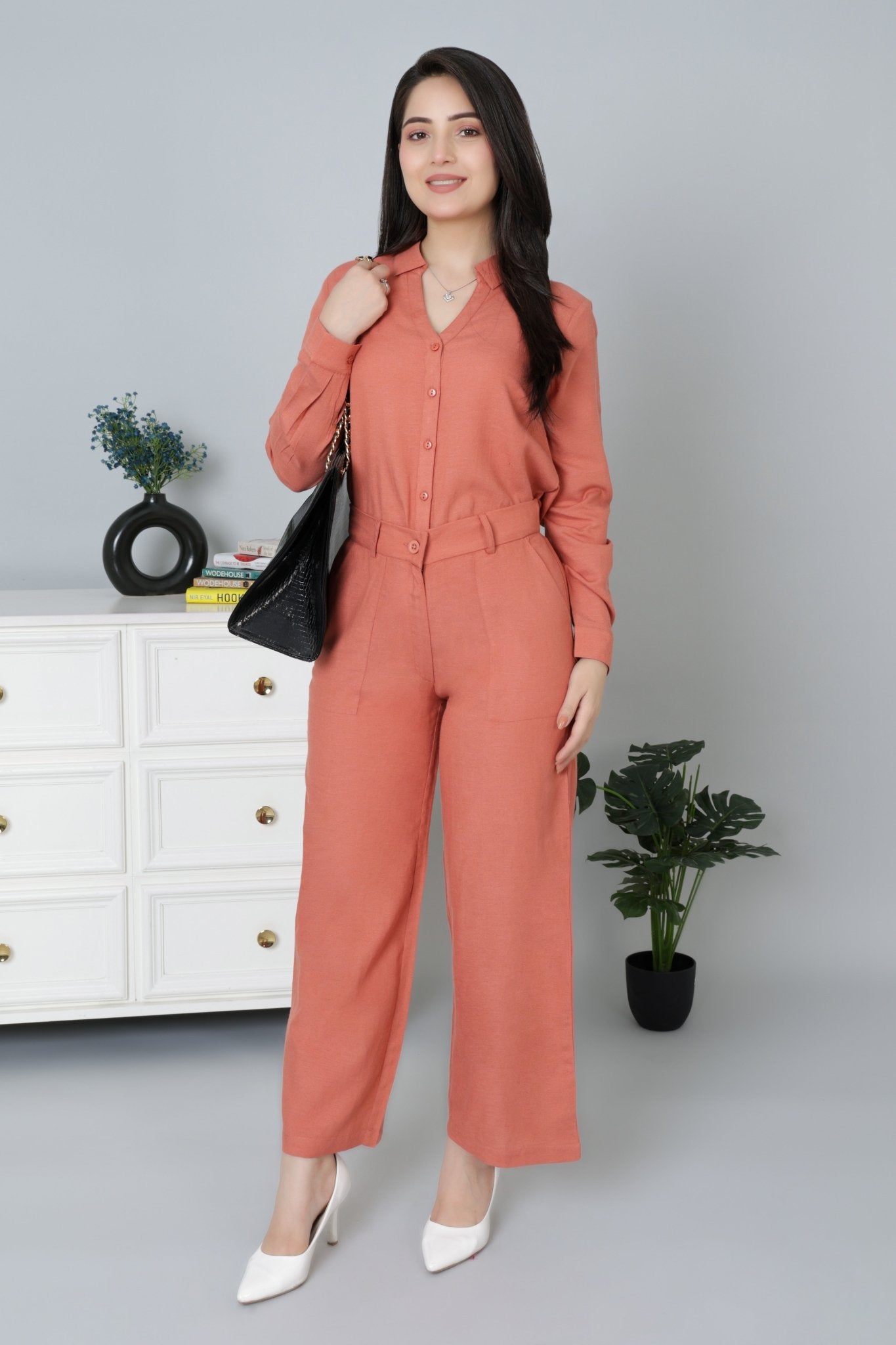 Rust linen high waist pant -