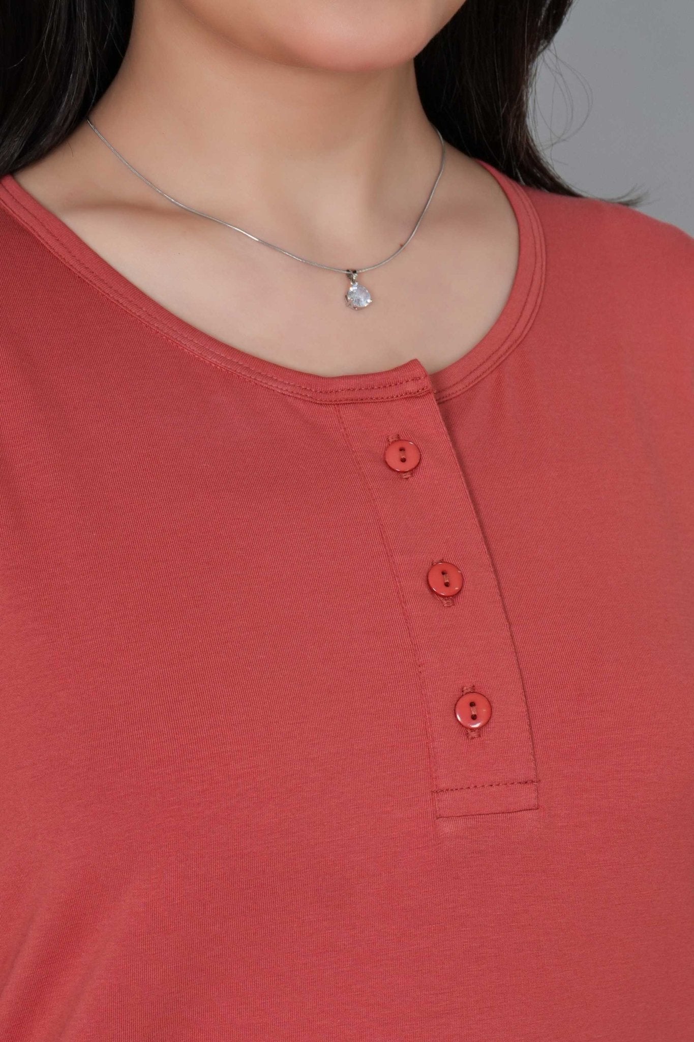 Rust long round neck henley cotton lycra t-shirt with pockets - Long cotton t-shirt