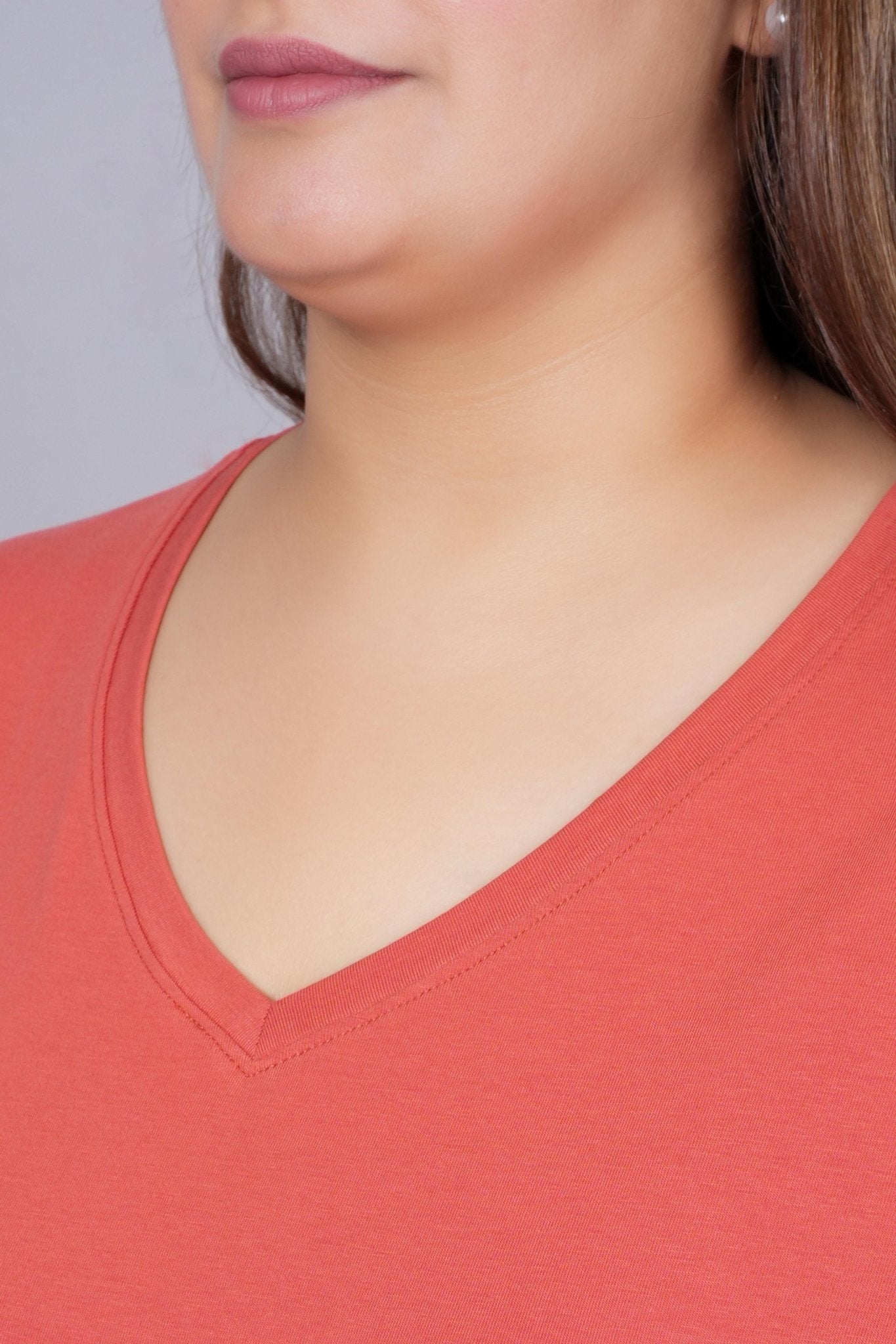 Rust long v neck cotton lycra t-shirt with pockets - Long cotton t-shirt