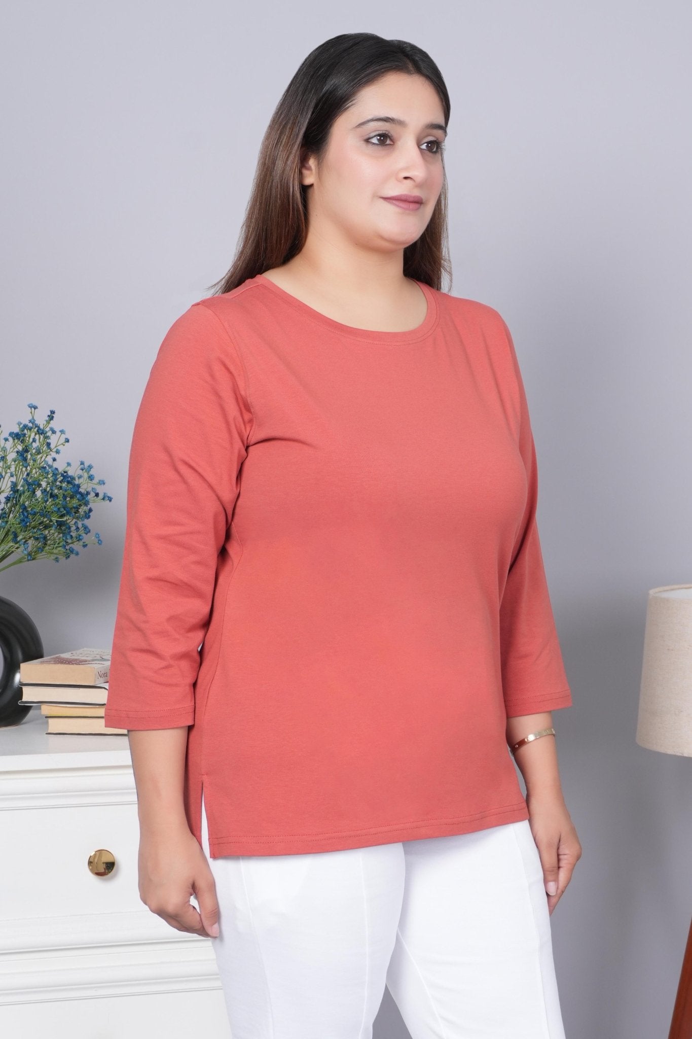 Rust Round Neck Cotton 3/4 Sleeve T Shirt - Cotton t shirt