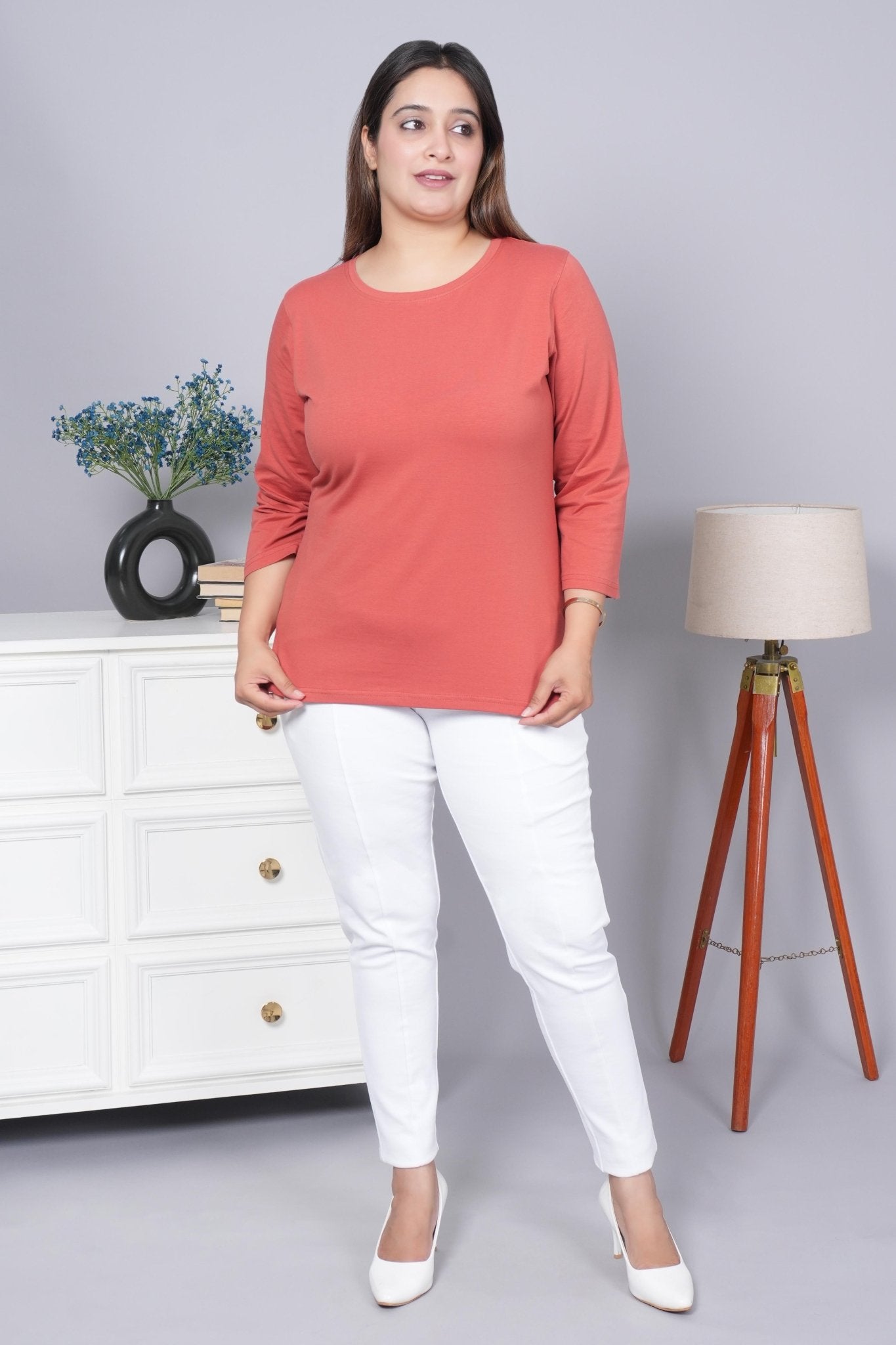 Rust Round Neck Cotton 3/4 Sleeve T Shirt - Cotton t shirt