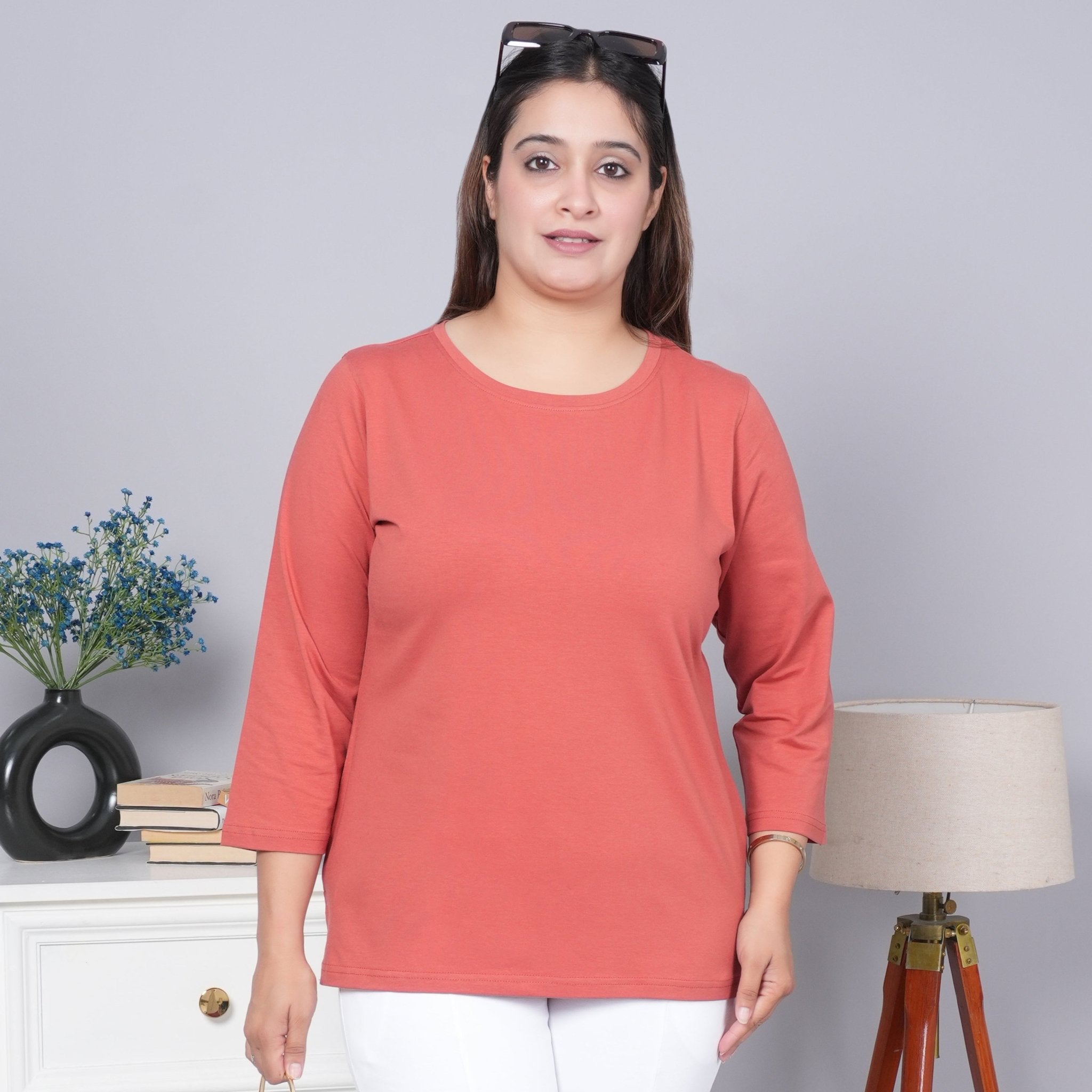 Rust Round Neck Cotton 3/4 Sleeve T Shirt - Cotton t shirt