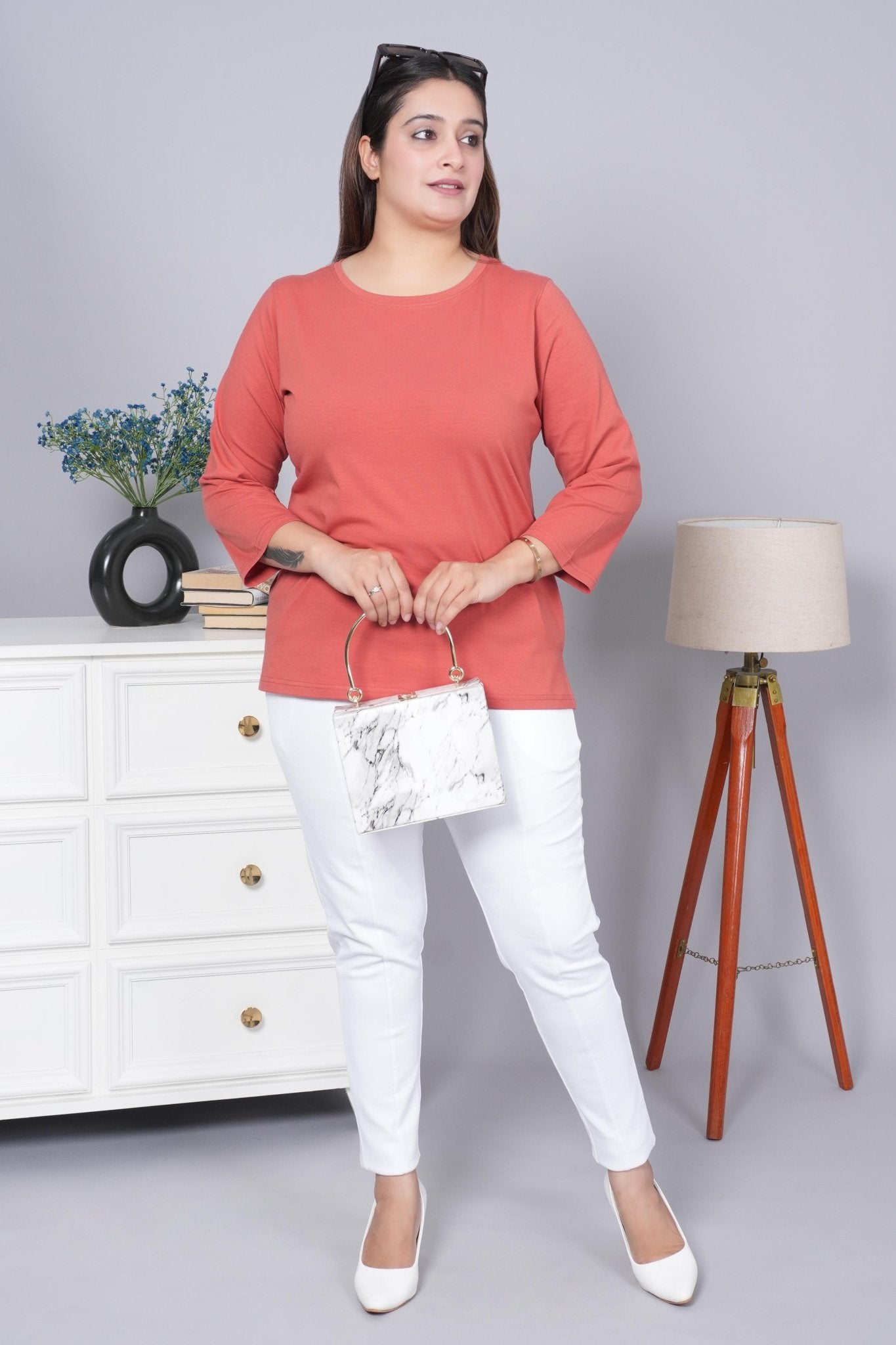 Rust Round Neck Cotton 3/4 Sleeve T Shirt - Cotton t shirt