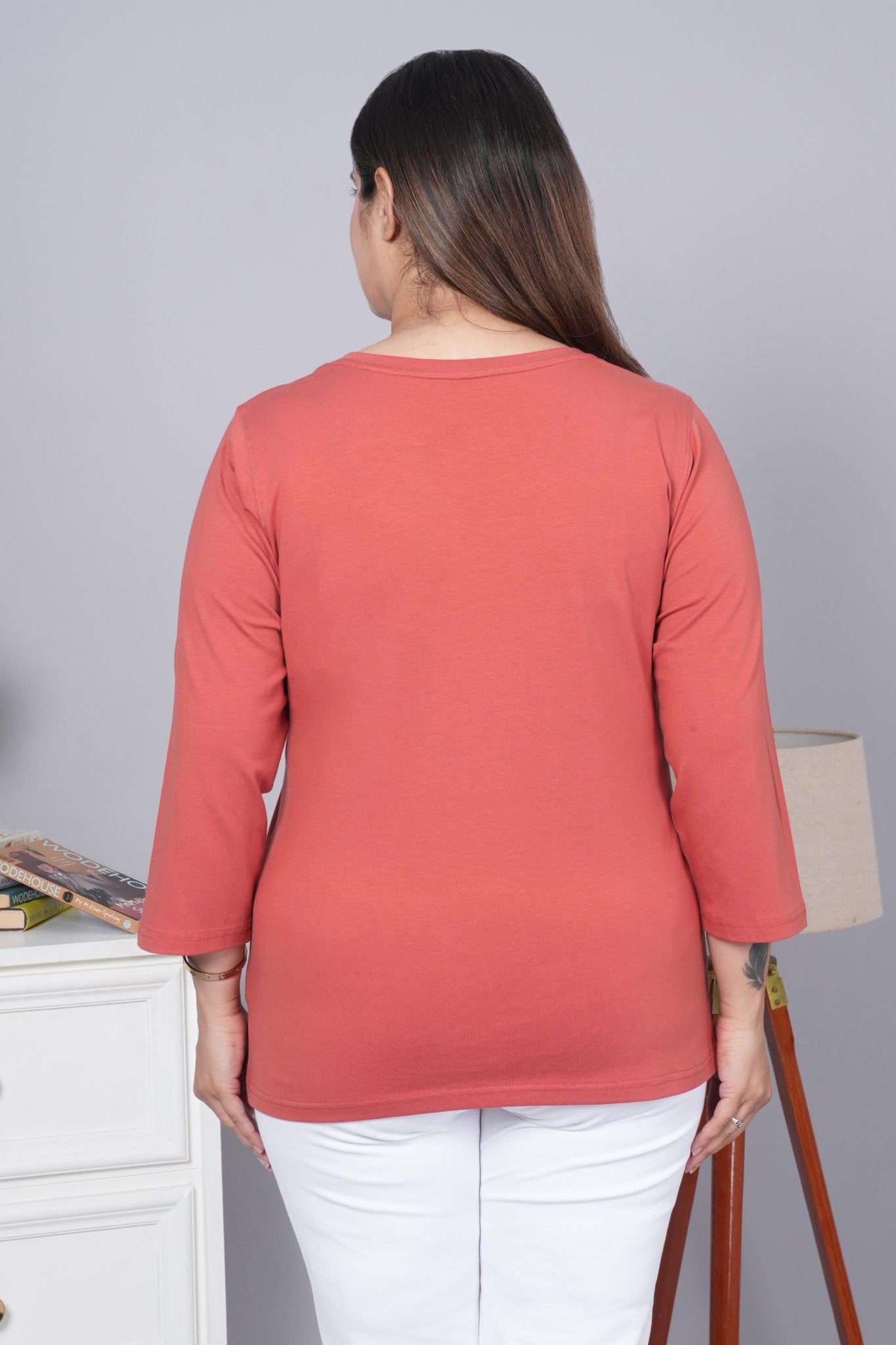 Rust Round Neck Cotton 3/4 Sleeve T Shirt - Cotton t shirt