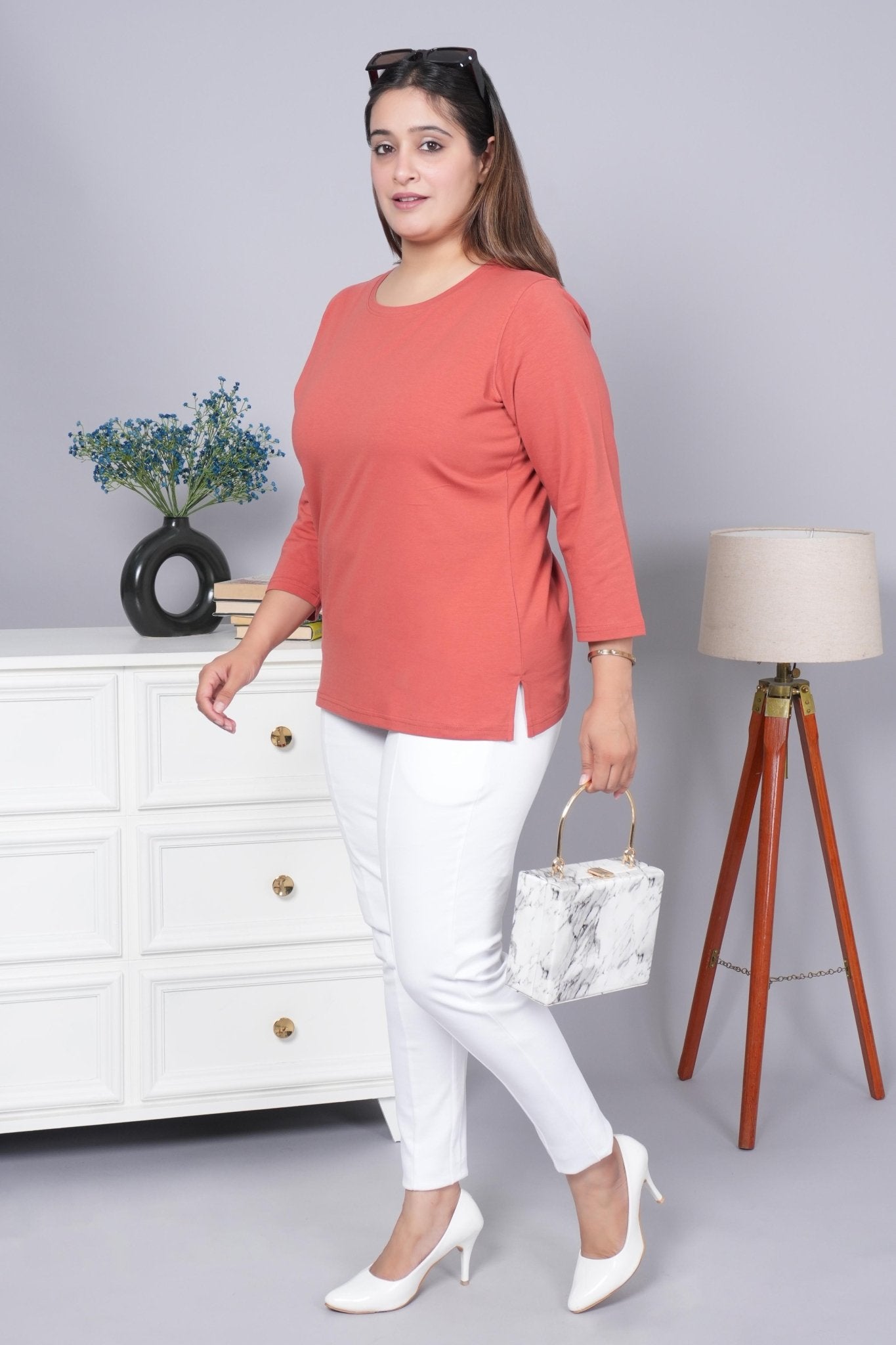 Rust Round Neck Cotton 3/4 Sleeve T Shirt - Cotton t shirt