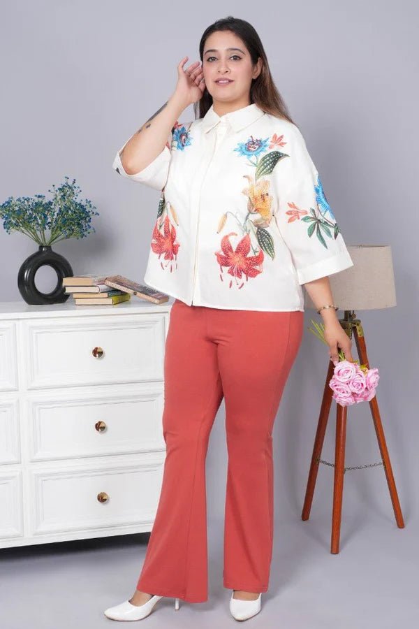 Rust stretchable biowash cotton lycra flare legging with superior elastic belt. -Cotton flare